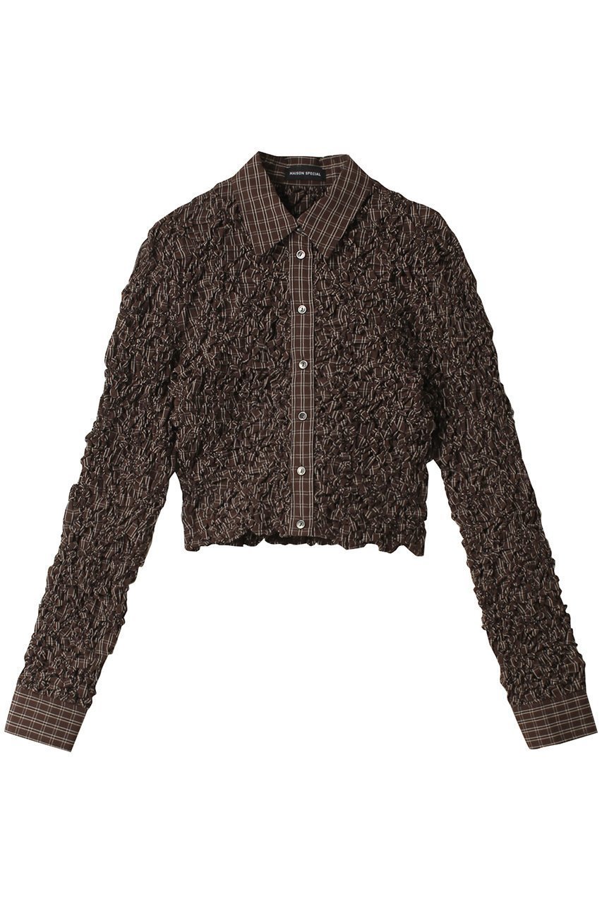 【メゾンスペシャル/MAISON SPECIAL】のCheckered Shirring Short Length Shirt/チェックシャーリングショートシャツ インテリア・キッズ・メンズ・レディースファッション・服の通販 founy(ファニー) 　ファッション　Fashion　レディースファッション　Fashion for Women　トップス・カットソー　Cut & Sew Tops　シャツ・ブラウス・オフィスカジュアル　Elegant Blouses & Button-Ups　インナー　Innerwear　カフス　Cuff Design　キャミワンピース　Cami Dress, Slip Dress　シャーリング　Shirring, Ruched　ショート　Short, Short Length　スリーブ　Sleeve, Long Sleeve / Short Sleeve　バランス　Balance, Style Balance　ロング　Long, Long-Length　ワイド　Wide, Wide Fit　BRN(ブラウン)|ID: prp329100004050722 ipo3291000000036724254