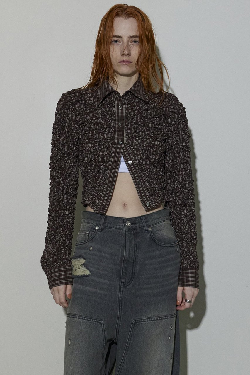 【メゾンスペシャル/MAISON SPECIAL】のCheckered Shirring Short Length Shirt/チェックシャーリングショートシャツ 人気、トレンドファッション・服の通販 founy(ファニー) 　ファッション　Fashion　レディースファッション　Fashion for Women　トップス・カットソー　Cut & Sew Tops　シャツ・ブラウス・オフィスカジュアル　Elegant Blouses & Button-Ups　インナー　Innerwear　カフス　Cuff Design　キャミワンピース　Cami Dress, Slip Dress　シャーリング　Shirring, Ruched　ショート　Short, Short Length　スリーブ　Sleeve, Long Sleeve / Short Sleeve　バランス　Balance, Style Balance　ロング　Long, Long-Length　ワイド　Wide, Wide Fit　other-8|ID: prp329100004050722 ipo3291000000036748255