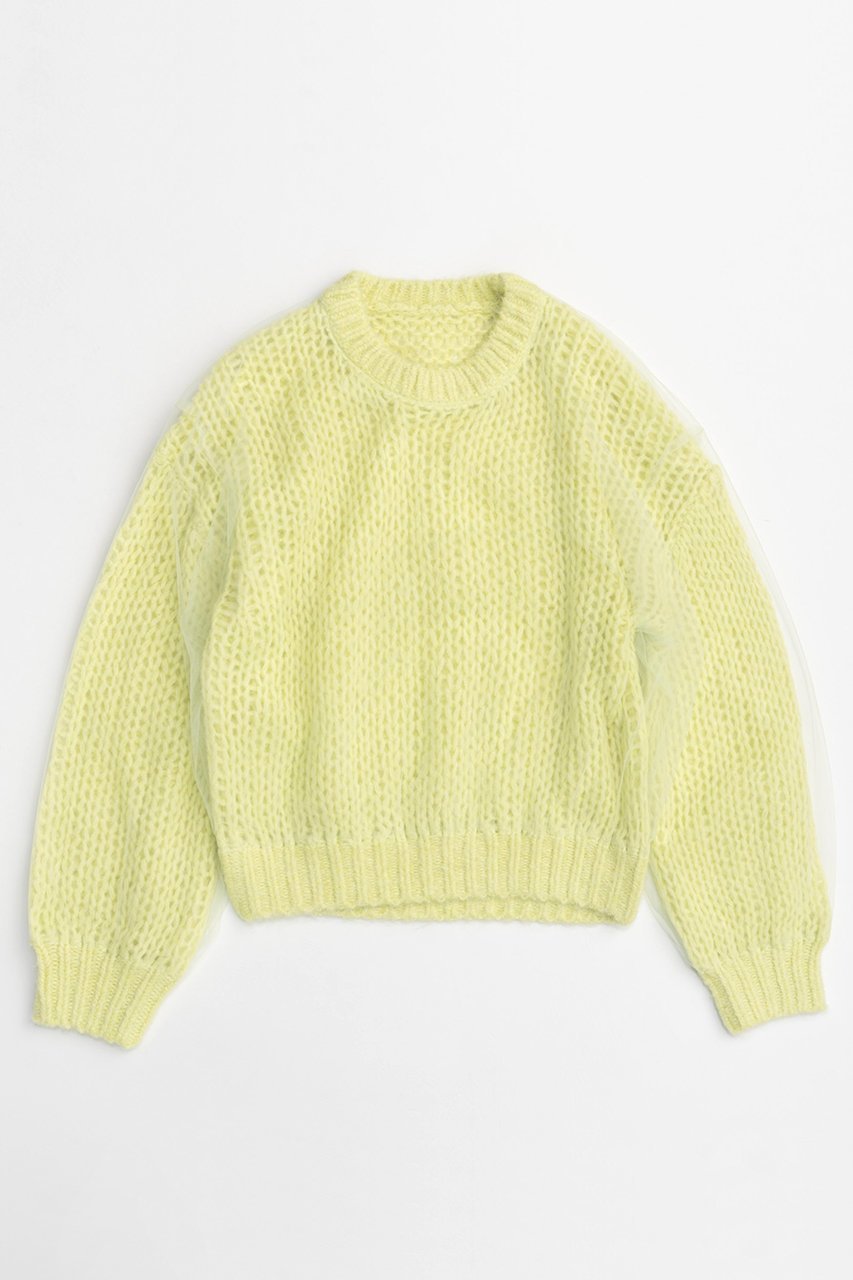 【メゾンスペシャル/MAISON SPECIAL】のTulle Layered Low Gauge Reversible Knit Pullover/チュールレイヤーローゲージリバーシブルプルオーバーニット インテリア・キッズ・メンズ・レディースファッション・服の通販 founy(ファニー) 　ファッション　Fashion　レディースファッション　WOMEN　トップス・カットソー　Tops/Tshirt　ニット　Knit Tops　プルオーバー　Pullover　カーディガン　Cardigan　ギャザー　Gather　チュール　Tulle　手編み　Hand Knitting　バランス　Balance　フェミニン　Feminine　ブラウジング　Browsing　ボトム　Bottom　リバーシブル　Reversible　LIME(ライム)|ID: prp329100004054632 ipo3291000000027287093