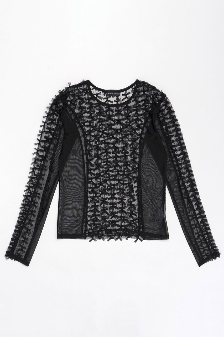 【メゾンスペシャル/MAISON SPECIAL】のRibbon Tulle Sheer Tops/リボンチュールシアートップス インテリア・キッズ・メンズ・レディースファッション・服の通販 founy(ファニー) 　ファッション　Fashion　レディースファッション　Fashion for Women　トップス・カットソー　Cut & Sew Tops　シャツ・ブラウス・オフィスカジュアル　Elegant Blouses & Button-Ups　ロングTシャツ・Tシャツ　Longline T-Shirts & Tees　カットソー・ベーシックTシャツ　Cut-and-Sewn Tops / Stretch Tees & Basics　インナー　Innerwear　コンパクト　Compact, Small Size　スリーブ　Sleeve, Long Sleeve / Short Sleeve　チュール　Tulip, Tulip Motif　デニム　Denim, Jeans Material　ドッキング　Docking, Mixed Material　ロング　Long, Long-Length　無地　Plain, Solid Color　BLK(ブラック)|ID: prp329100004054674 ipo3291000000032897554