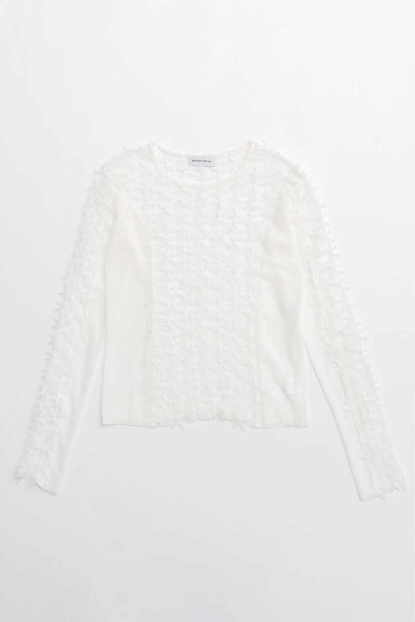 【メゾンスペシャル/MAISON SPECIAL】のRibbon Tulle Sheer Tops/リボンチュールシアートップス インテリア・キッズ・メンズ・レディースファッション・服の通販 founy(ファニー) 　ファッション　Fashion　レディースファッション　Fashion for Women　トップス・カットソー　Cut & Sew Tops　シャツ・ブラウス・オフィスカジュアル　Elegant Blouses & Button-Ups　ロングTシャツ・Tシャツ　Longline T-Shirts & Tees　カットソー・ベーシックTシャツ　Cut-and-Sewn Tops / Stretch Tees & Basics　インナー　Innerwear　コンパクト　Compact, Small Size　スリーブ　Sleeve, Long Sleeve / Short Sleeve　チュール　Tulip, Tulip Motif　デニム　Denim, Jeans Material　ドッキング　Docking, Mixed Material　ロング　Long, Long-Length　無地　Plain, Solid Color　WHT(ホワイト)|ID: prp329100004054674 ipo3291000000032897558
