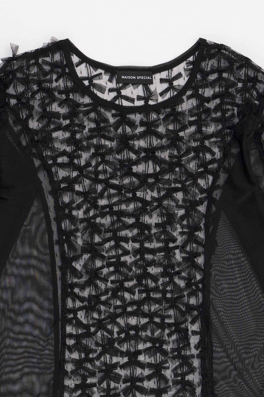【メゾンスペシャル/MAISON SPECIAL】のRibbon Tulle Sheer Tops/リボンチュールシアートップス 人気、トレンドファッション・服の通販 founy(ファニー) 　ファッション　Fashion　レディースファッション　Fashion for Women　トップス・カットソー　Cut & Sew Tops　シャツ・ブラウス・オフィスカジュアル　Elegant Blouses & Button-Ups　ロングTシャツ・Tシャツ　Longline T-Shirts & Tees　カットソー・ベーシックTシャツ　Cut-and-Sewn Tops / Stretch Tees & Basics　インナー　Innerwear　コンパクト　Compact, Small Size　スリーブ　Sleeve, Long Sleeve / Short Sleeve　チュール　Tulip, Tulip Motif　デニム　Denim, Jeans Material　ドッキング　Docking, Mixed Material　ロング　Long, Long-Length　無地　Plain, Solid Color　other-2|ID: prp329100004054674 ipo3291000000032897560
