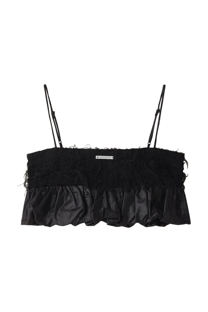 【プランク プロジェクト/PRANK PROJECT】のフェザーペプラムビスチェ / Feather Peplum Bustier インテリア・キッズ・メンズ・レディースファッション・服の通販 founy(ファニー) https://founy.com/ ファッション Fashion レディースファッション Fashion for Women トップス・カットソー Cut & Sew Tops キャミソール&ノースリーブ Camisoles & Sleeveless Tops シャツ・ブラウス・オフィスカジュアル Elegant Blouses & Button-Ups ビスチェ Bustiers & Corset Tops / Layered Bustier Style カットソー Cut and Sewn Top コンビ Combo, Combination Style サテン Satin, Glossy Fabric シャーリング Shirring, Ruched ノースリーブ Sleeveless, No-Sleeve ビスチェ Bustier, Corset Top フィット Fit, Slim Fit フェザー Feather, Feather Detail |ID: prp329100004066646 ipo3291000000032903820