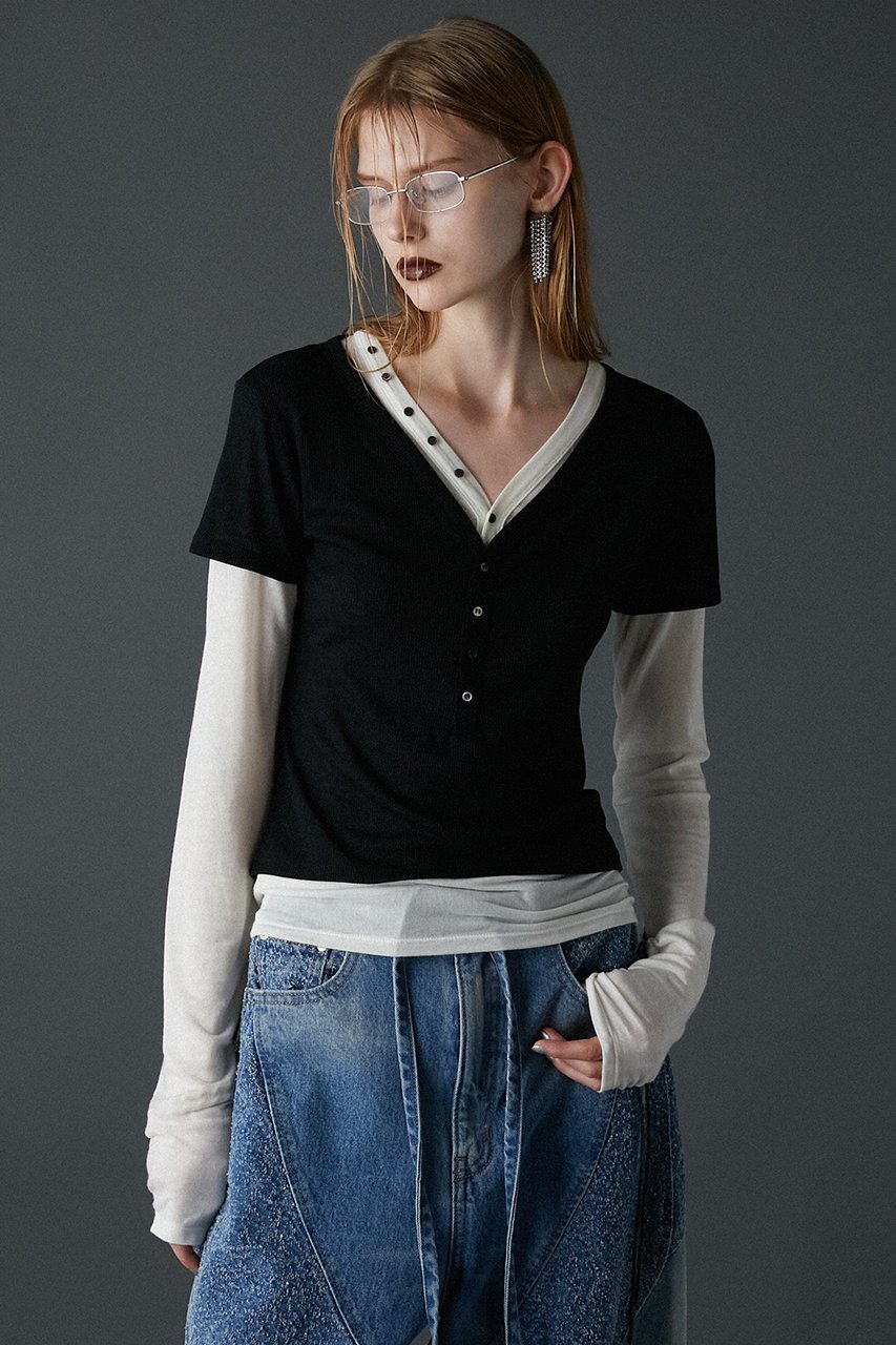 【プランク プロジェクト/PRANK PROJECT】のヘンリーレイヤードトップ / Henley Layered Top 人気、トレンドファッション・服の通販 founy(ファニー) 　ファッション　Fashion　レディースファッション　Fashion for Women　トップス・カットソー　Cut & Sew Tops　シャツ・ブラウス・オフィスカジュアル　Elegant Blouses & Button-Ups　ロングTシャツ・Tシャツ　Longline T-Shirts & Tees　カットソー・ベーシックTシャツ　Cut-and-Sewn Tops / Stretch Tees & Basics　インナー　Innerwear　ウォーム　Warm Fabric　シルク　Silk, 100% Silk　ストレッチ　Stretch, Stretchy Fabric　スリーブ　Sleeve, Long Sleeve / Short Sleeve　テレコ　Ribbed, Rib Stitch　長袖　Long Sleeve, Full Sleeve　フィット　Fit, Slim Fit　半袖　Short Sleeve, Half Sleeve　ラグジュアリー　Luxury, Elegant　レース　Lace, Lace Fabric　ロング　Long, Long-Length　other-8|ID: prp329100004066651 ipo3291000000032916622