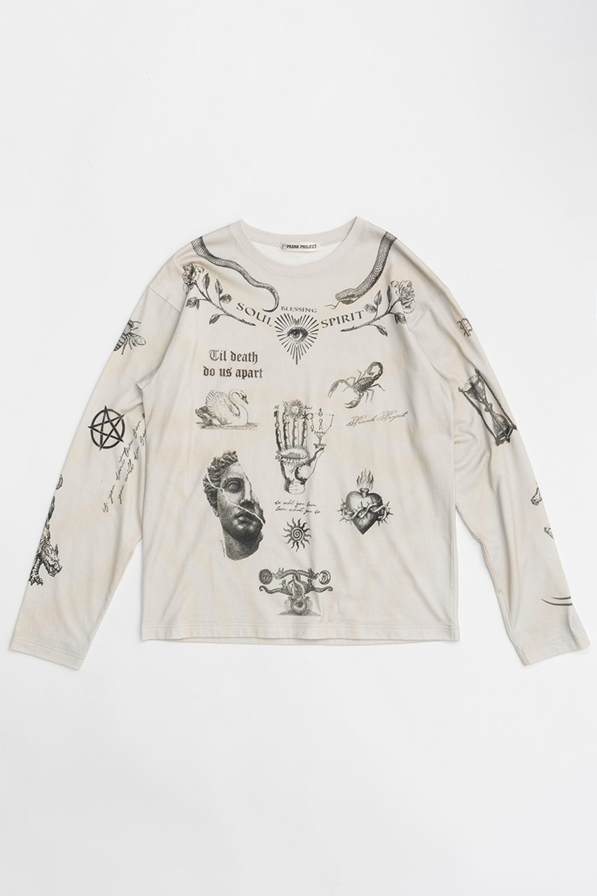 【プランク プロジェクト/PRANK PROJECT】のTATOOプリントロングスリーブTEE / Tattoo Printed Long Sleeve TEE インテリア・キッズ・メンズ・レディースファッション・服の通販 founy(ファニー) 　ファッション　Fashion　レディースファッション　Fashion for Women　トップス・カットソー　Cut & Sew Tops　シャツ・ブラウス・オフィスカジュアル　Elegant Blouses & Button-Ups　ロングTシャツ・Tシャツ　Longline T-Shirts & Tees　カットソー・ベーシックTシャツ　Cut-and-Sewn Tops / Stretch Tees & Basics　カットソー　Cut and Sewn Top　スリーブ　Sleeve, Long Sleeve / Short Sleeve　プリント　Print, Printed Pattern　モチーフ　Motif, Design Theme　ロング　Long, Long-Length　ヴィンテージ　Vintage Style　IVR(アイボリー)|ID: prp329100004066702 ipo3291000000032896244