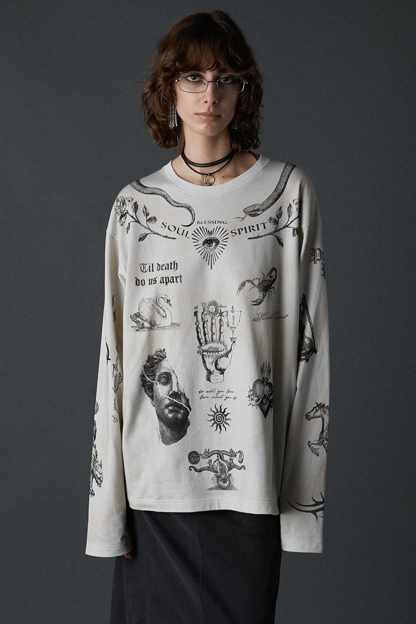 【プランク プロジェクト/PRANK PROJECT】のTATOOプリントロングスリーブTEE / Tattoo Printed Long Sleeve TEE 人気、トレンドファッション・服の通販 founy(ファニー) 　ファッション　Fashion　レディースファッション　Fashion for Women　トップス・カットソー　Cut & Sew Tops　シャツ・ブラウス・オフィスカジュアル　Elegant Blouses & Button-Ups　ロングTシャツ・Tシャツ　Longline T-Shirts & Tees　カットソー・ベーシックTシャツ　Cut-and-Sewn Tops / Stretch Tees & Basics　カットソー　Cut and Sewn Top　スリーブ　Sleeve, Long Sleeve / Short Sleeve　プリント　Print, Printed Pattern　モチーフ　Motif, Design Theme　ロング　Long, Long-Length　ヴィンテージ　Vintage Style　other-2|ID: prp329100004066702 ipo3291000000032896247