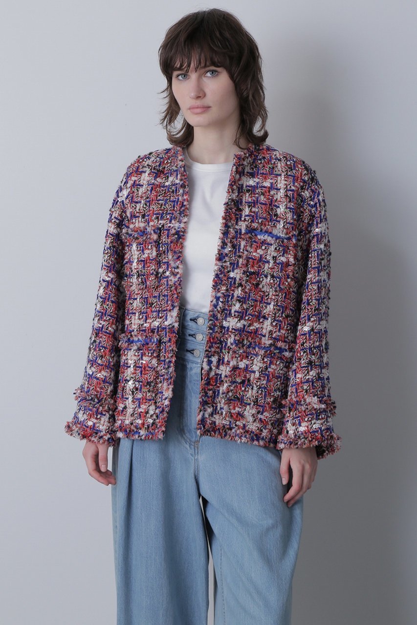 【ヒューエルミュージアム/hueLe Museum】の【STUMBLY】Round No Collar Jacket インテリア・キッズ・メンズ・レディースファッション・服の通販 founy(ファウニー) 　ファッション　Fashion　レディースファッション　Fashion for Women　アウター　Coat / Outerwear Collection　レディースジャケット・軽アウター　Jackets　クラシック　Classic, Timeless Style　ショルダー　Shoulder, Shoulder Strap　ジャケット　Jacket, Outerwear　ツイード　Twill, Twill Weave　トリミング　Trimming, Decorative Edge　ドロップ　Drop Shoulder, Dropped Style　パッチ　Patch, Appliqué　ポケット　Pocket, Pocket Detail　ミックス　Mix, Mixed Style　モダン　Modern, Contemporary　オレンジ|ID: prp329100004073326 ipo3291000000036675924