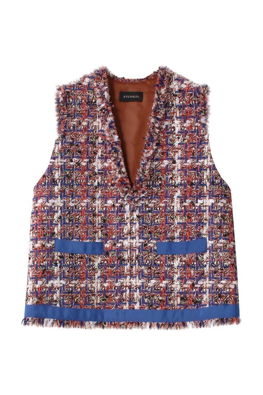 【ヒューエルミュージアム/hueLe Museum】の【STUMBLY】Vネックジレ インテリア・キッズ・メンズ・レディースファッション・服の通販 founy(ファニー) 　ファッション　Fashion　レディースファッション　Fashion for Women　アウター　Coat / Outerwear Collection　レディースジャケット・軽アウター　Jackets　シンプル　Simple, Minimal　ジャケット　Jacket, Outerwear　ツイード　Twill, Twill Weave　フリンジ　Fringe, Tassel　ベスト　Vest, Waistcoat　ミックス　Mix, Mixed Style　エレガント 上品　Elegant　オレンジ|ID: prp329100004073332 ipo3291000000035961568