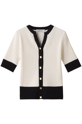 【アルアバイル/allureville】 【Loulou Willoughby】バイカラーキーネック5分袖カーディガン A人気、トレンドファッション・服の通販 founy(ファニー) ファッション Fashion レディースファッション Fashion for Women トップス・カットソー Cut & Sew Tops ニット Knit Tops & Sweaters カーディガン・羽織り Layered Style Cardigans カーディガン Cardigan, Knitwear クラシカル Classical, Vintage-Inspired コンパクト Compact, Small Size スリーブ Sleeve, Long Sleeve / Short Sleeve ハーフ Half, Half-Length |ID:prp329100004074547