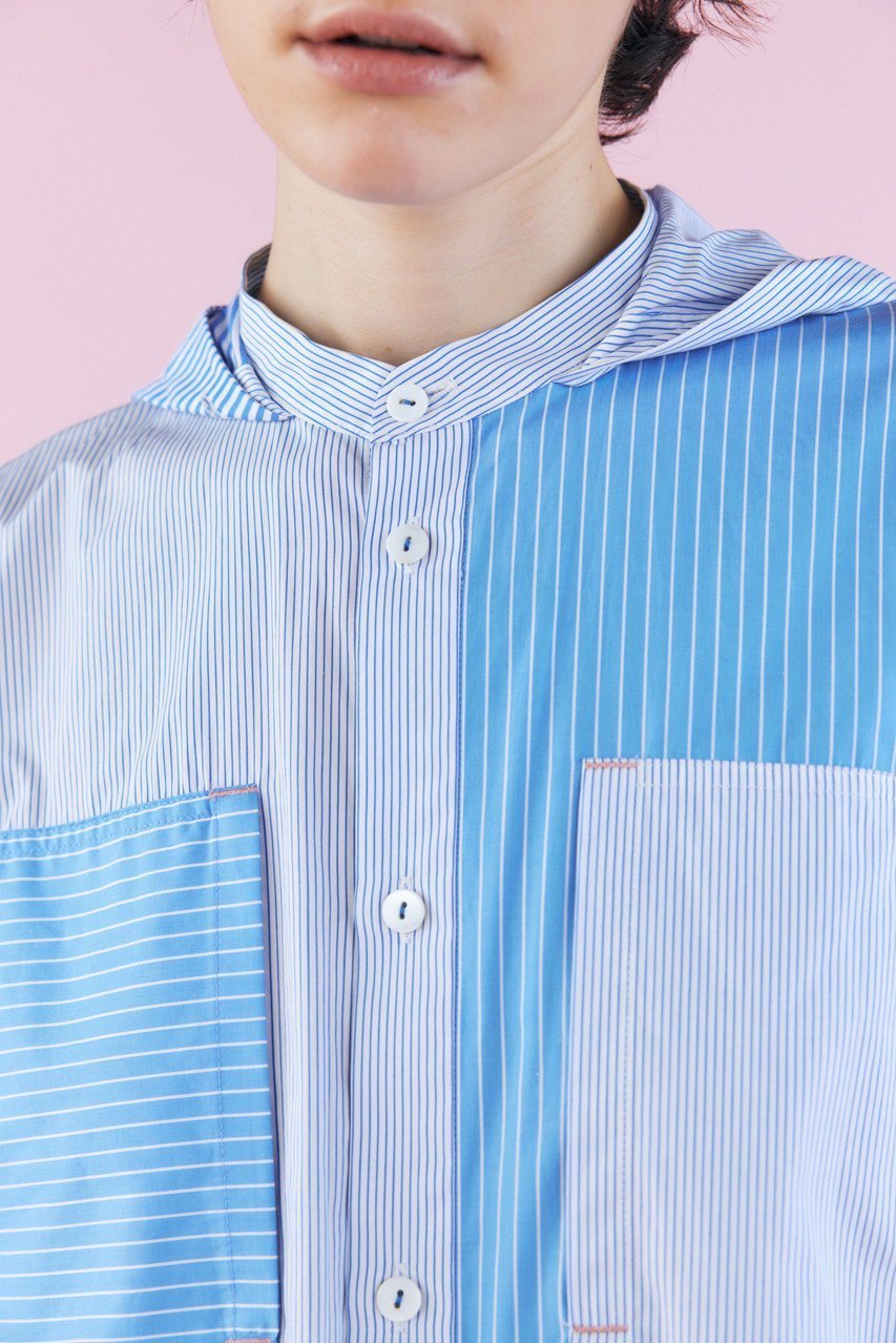 【ナゴンスタンス/nagonstans】のStripe Mix Hoodie SH/シャツ 人気、トレンドファッション・服の通販 founy(ファニー) 　ファッション　Fashion　レディースファッション　Fashion for Women　トップス・カットソー　Cut & Sew Tops　シャツ・ブラウス・オフィスカジュアル　Elegant Blouses & Button-Ups　おすすめ　Recommended / Our Picks　ショート　Short, Short Length　ストライプ　Stripe, Striped Pattern　スリーブ　Sleeve, Long Sleeve / Short Sleeve　ポケット　Pocket, Pocket Detail　メッシュ　Mesh, Net Fabric　ヨーク　Yoke, Yoke Design　夏　Summer　other-5|ID: prp329100004076140 ipo3291000000036740125