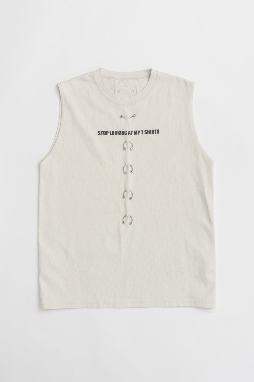 【プランク プロジェクト/PRANK PROJECT】のスタッズピアスロゴトップ/Studs Pierced Logo Top インテリア・キッズ・メンズ・レディースファッション・服の通販 founy(ファニー) 　ファッション　Fashion　レディースファッション　Fashion for Women　トップス・カットソー　Cut & Sew Tops　キャミソール&ノースリーブ　Camisoles & Sleeveless Tops　シャツ・ブラウス・オフィスカジュアル　Elegant Blouses & Button-Ups　ロングTシャツ・Tシャツ　Longline T-Shirts & Tees　カットソー・ベーシックTシャツ　Cut-and-Sewn Tops / Stretch Tees & Basics　キャミソール　Camisole, Spaghetti Strap Top　タンク　Tank Top, Sleeveless Top　ノースリーブ　Sleeveless, No-Sleeve　フィット　Fit, Slim Fit　フロント　Front, Front Design　ワイド　Wide, Wide Fit　ヴィンテージ　Vintage Style　IVR(アイボリー)|ID: prp329100004079437 ipo3291000000032916612