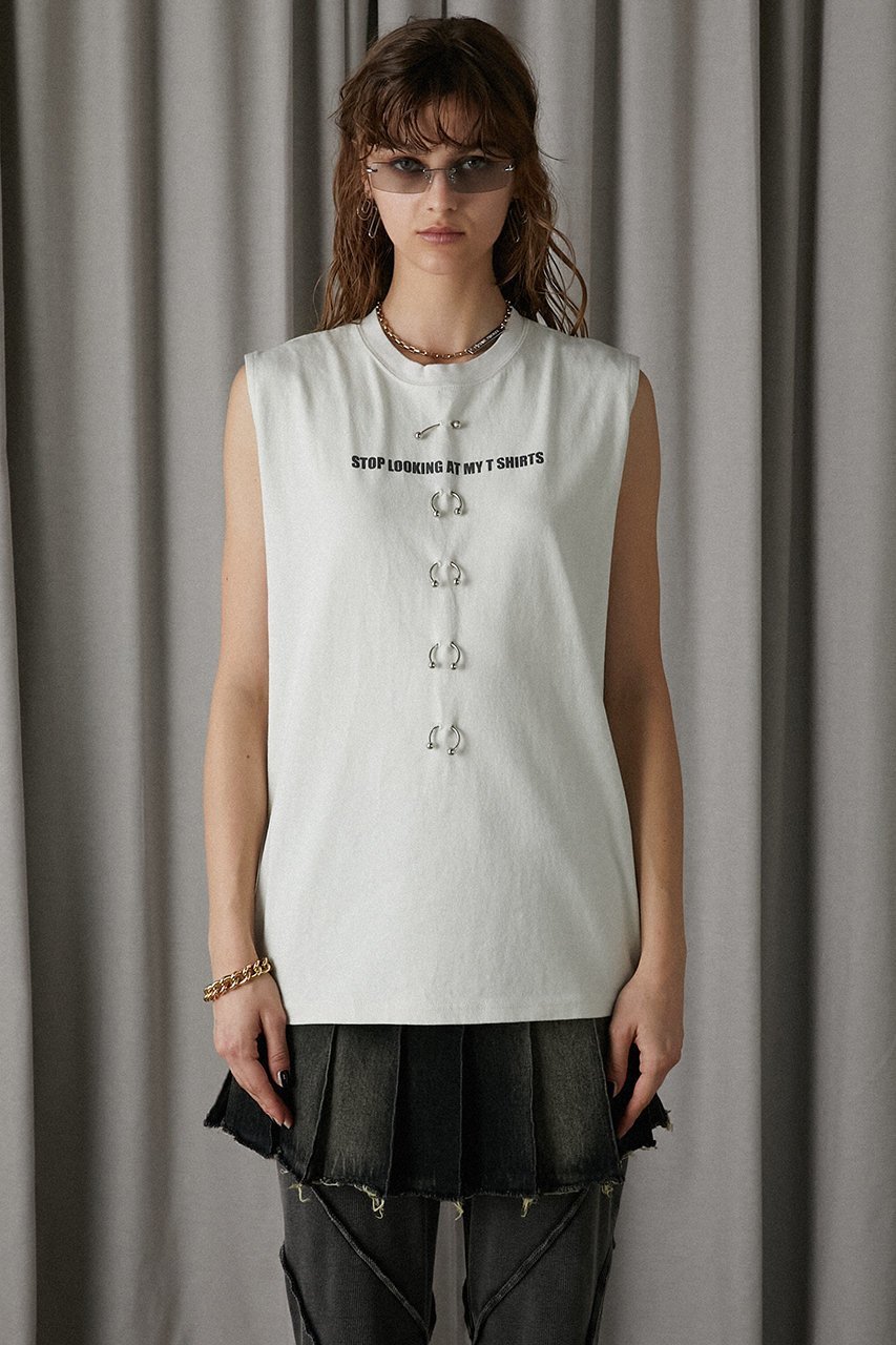 【プランク プロジェクト/PRANK PROJECT】のスタッズピアスロゴトップ/Studs Pierced Logo Top 人気、トレンドファッション・服の通販 founy(ファニー) 　ファッション　Fashion　レディースファッション　Fashion for Women　トップス・カットソー　Cut & Sew Tops　キャミソール&ノースリーブ　Camisoles & Sleeveless Tops　シャツ・ブラウス・オフィスカジュアル　Elegant Blouses & Button-Ups　ロングTシャツ・Tシャツ　Longline T-Shirts & Tees　カットソー・ベーシックTシャツ　Cut-and-Sewn Tops / Stretch Tees & Basics　キャミソール　Camisole, Spaghetti Strap Top　タンク　Tank Top, Sleeveless Top　ノースリーブ　Sleeveless, No-Sleeve　フィット　Fit, Slim Fit　フロント　Front, Front Design　ワイド　Wide, Wide Fit　ヴィンテージ　Vintage Style　other-8|ID: prp329100004079437 ipo3291000000032916683