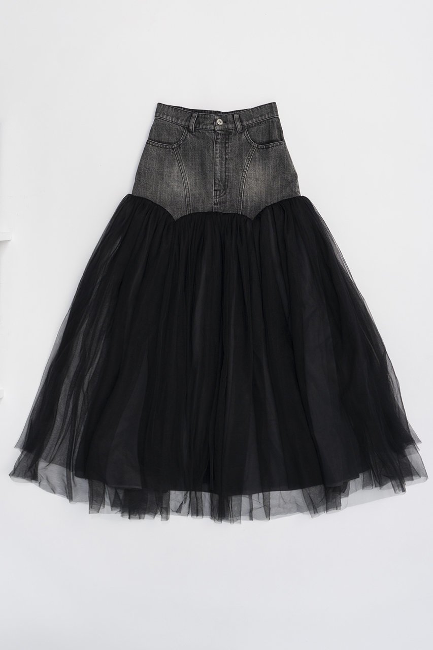 【プランク プロジェクト/PRANK PROJECT】のチュールコンビスカート / Tulle Combo Skirt インテリア・キッズ・メンズ・レディースファッション・服の通販 founy(ファニー) 　ファッション　Fashion　レディースファッション　WOMEN　スカート　Skirt　ロングスカート　Long Skirt　タフタ　Taffeta　ダメージ　Damage　チュール　Tulle　デニム　Denim　フレア　Flare　ロング　Long　NEW・新作・新着・新入荷　New Arrivals　BLK(ブラック)|ID: prp329100004079458 ipo3291000000027563914