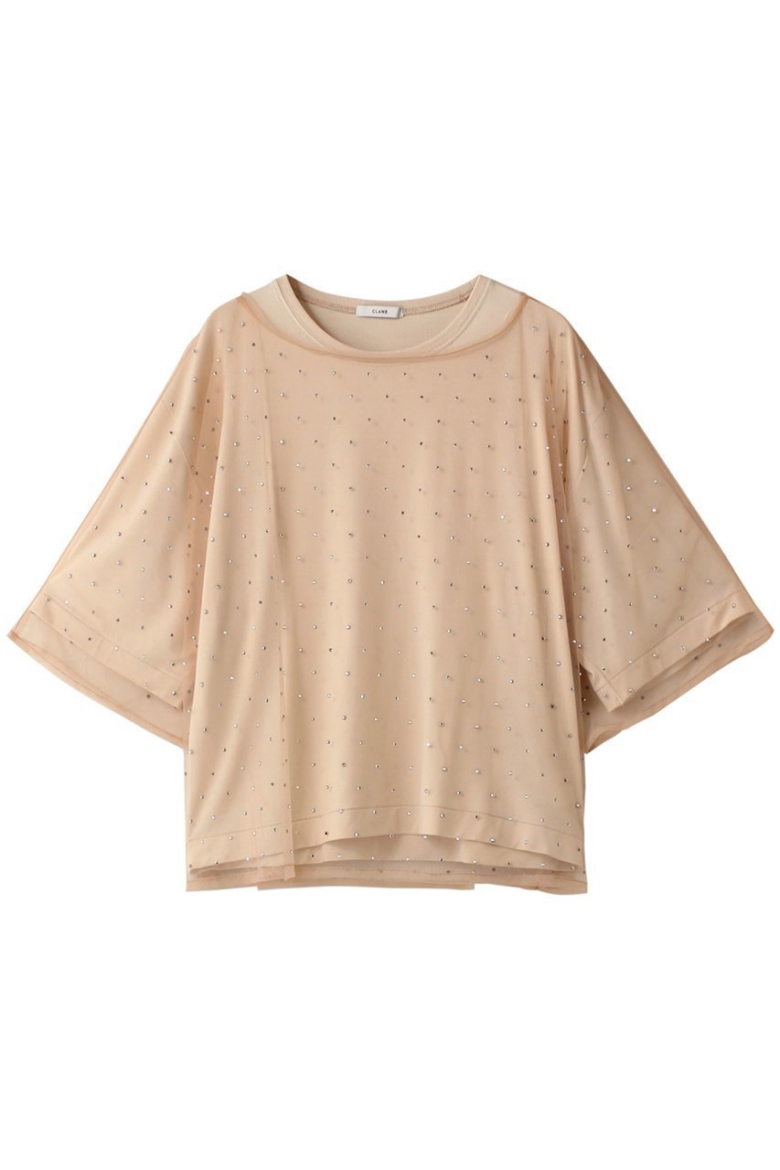 【クラネ/CLANE】のRHINESTONE SHEER TOPS Tシャツ/カットソー インテリア・キッズ・メンズ・レディースファッション・服の通販 founy(ファニー) 　ファッション　Fashion　レディースファッション　WOMEN　トップス・カットソー　Tops/Tshirt　シャツ/ブラウス　Shirts/Blouses　ロング / Tシャツ　T-Shirts　カットソー　Cut and Sewn　カットソー　Cut And Sew　ショート　Short　シンプル　Simple　ストーン　Stone　スリーブ　Sleeve　ドット　Dot　半袖　Short Sleeve　BEIGE|ID: prp329100004084909 ipo3291000000027638111