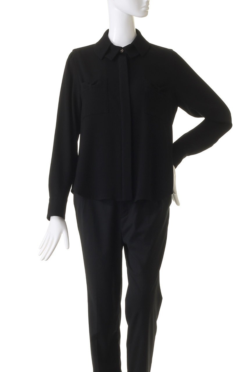 【エムダブリュー/MW】のバックサテン ダブルカラービジューボタンブラウス 人気、トレンドファッション・服の通販 founy(ファニー) 　ファッション　Fashion　レディースファッション　Fashion for Women　トップス・カットソー　Cut & Sew Tops　シャツ・ブラウス・オフィスカジュアル　Elegant Blouses & Button-Ups　バッグ　Bags　サテン　Satin, Glossy Fabric　シンプル　Simple, Minimal　スリーブ　Sleeve, Long Sleeve / Short Sleeve　ダブル　Double, Double-Breasted　ポケット　Pocket, Pocket Detail　リボン　Ribbon, Bow　ロング　Long, Long-Length　other-2|ID: prp329100004088153 ipo3291000000032890517