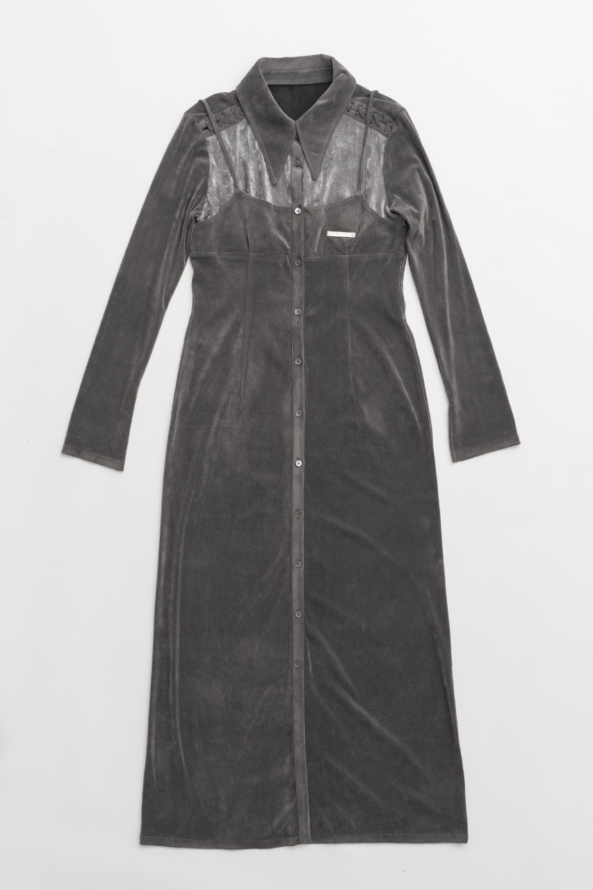 【プランク プロジェクト/PRANK PROJECT】のベロアコンビシャツワンピース / Velour Combi Shirt Dress インテリア・キッズ・メンズ・レディースファッション・服の通販 founy(ファニー) 　ファッション　Fashion　レディースファッション　Fashion for Women　ワンピース　Dresses　フォーマル・パーティードレス・結婚式用ドレス　Elegant & Casual Dresses　シャツワンピース / 1枚で着映えコーデ　Shirt Dresses　チュニック　Tunic Tops & Dresses　チュニック　Tunic, Long Top　ベロア　Velour, Soft Velvet　マキシ　Maxi, Full Length　メッシュ　Mesh, Net Fabric　レース　Lace, Lace Fabric　ロング　Long, Long-Length　羽織　Haori, Light Jacket　GRY(グレー)|ID: prp329100004089905 ipo3291000000032892879