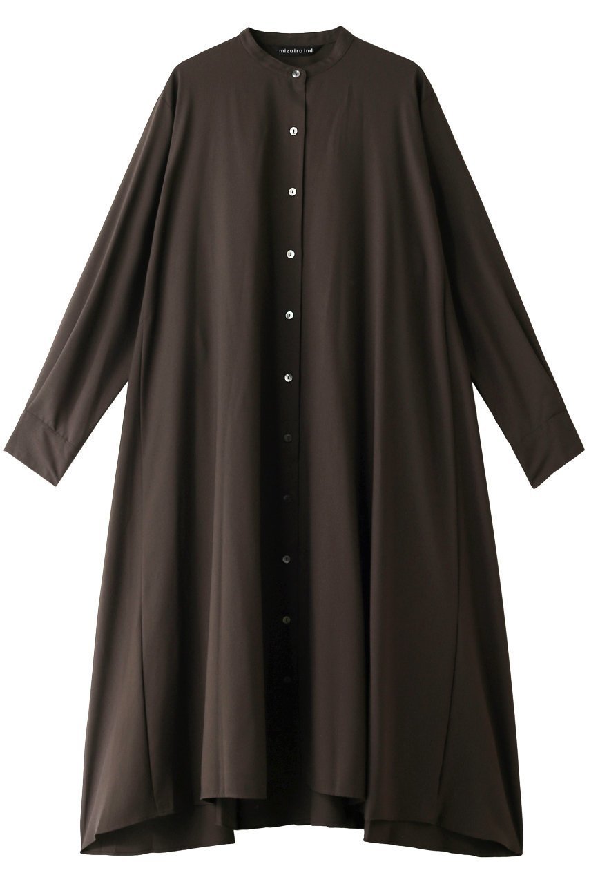 【ミズイロ インド/mizuiro ind】のバンドカラーフレアシャツワンピース インテリア・キッズ・メンズ・レディースファッション・服の通販 founy(ファニー) 　ファッション　Fashion　レディースファッション　Fashion for Women　ワンピース　Dresses　シャツワンピース / 1枚で着映えコーデ　Shirt Dresses　チュニック　Tunic Tops & Dresses　シンプル　Simple, Minimal　チュニック　Tunic, Long Top　フレア　Flare, Flared　ロング　Long, Long-Length　羽織　Haori, Light Jacket　ブラウン|ID: prp329100004140474 ipo3291000000032904191