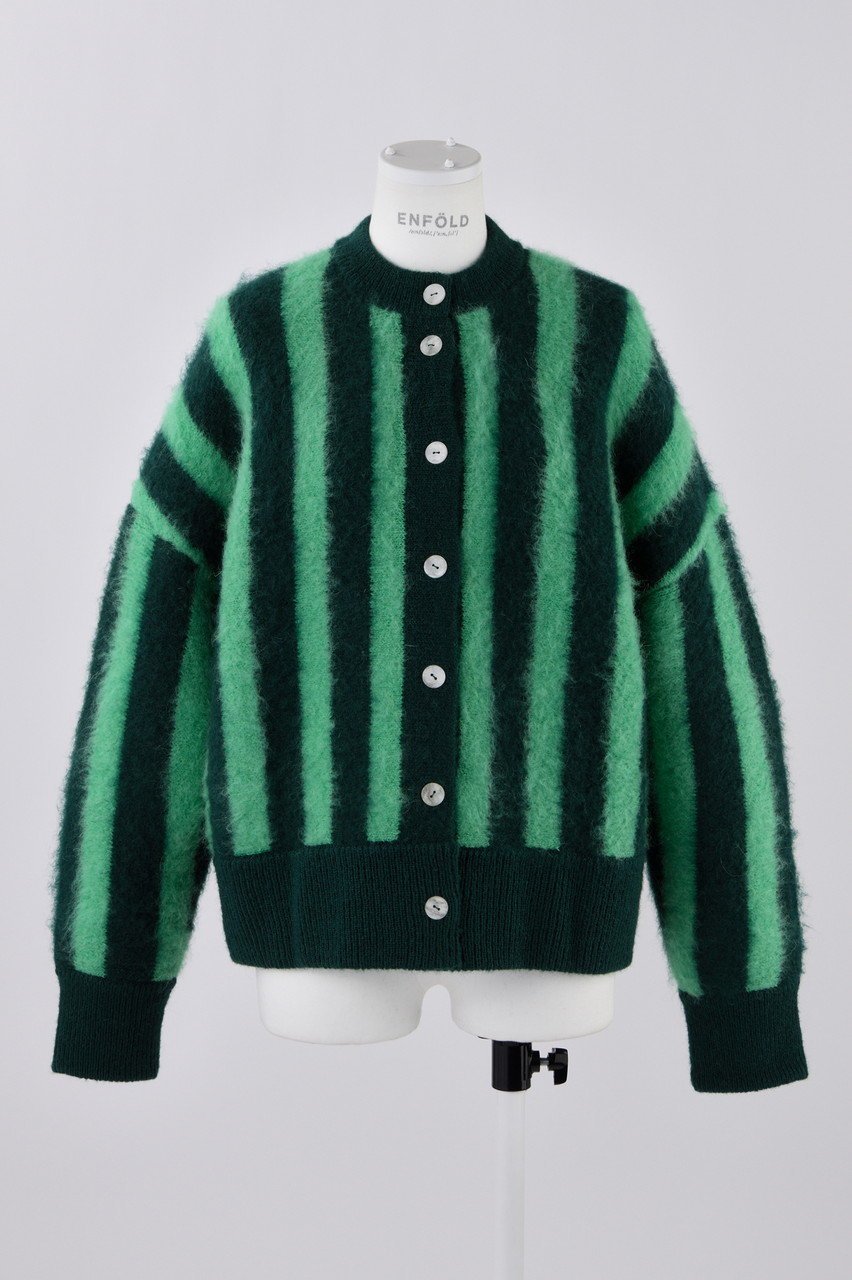 【エンフォルド/ENFOLD】のモヘアストライプカーディガン インテリア・キッズ・メンズ・レディースファッション・服の通販 founy(ファニー) 　ファッション　Fashion　レディースファッション　Fashion for Women　トップス・カットソー　Cut & Sew Tops　ニット　Knit Tops & Sweaters　カーディガン・羽織り　Layered Style Cardigans　カーディガン　Cardigan, Knitwear　ストライプ　Stripe, Striped Pattern　バランス　Balance, Style Balance　ワイド　Wide, Wide Fit　ダークグリーン|ID: prp329100004141229 ipo3291000000035067094