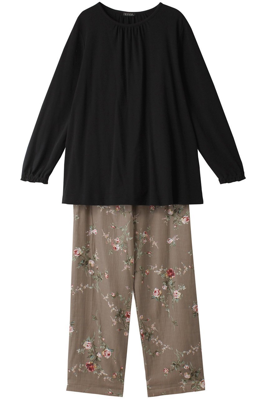 【イクコ/IKUKO】のダブルガーゼ花柄プリント&エイトロックパジャマ インテリア・キッズ・メンズ・レディースファッション・服の通販 founy(ファニー) 　ファッション　Fashion　レディースファッション　Fashion for Women　ギャザー　Gathered, Ruffled　ダブル　Double, Double-Breasted　パジャマ　Pajamas, Sleepwear　フォルム　Silhouette, Form　フラワー　Flower, Floral　フリル　Frill, Ruffle　プリント　Print, Printed Pattern　長袖　Long Sleeve, Full Sleeve　ブラック×モカ|ID: prp329100004152962 ipo3291000000032834718