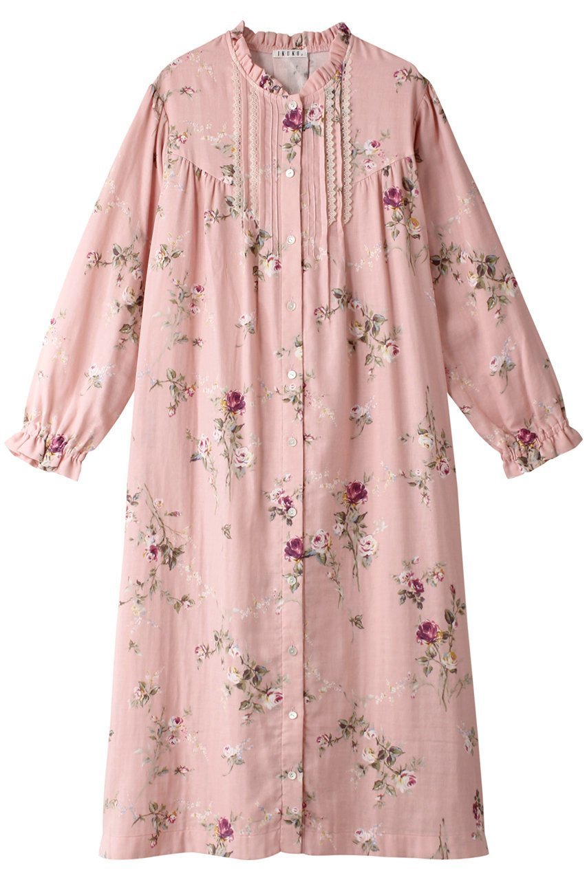 【イクコ/IKUKO】のダブルガーゼ花柄プリント全開ネグリジェ インテリア・キッズ・メンズ・レディースファッション・服の通販 founy(ファニー) 　ファッション　Fashion　レディースファッション　Fashion for Women　ダブル　Double, Double-Breasted　パジャマ　Pajamas, Sleepwear　フリル　Frill, Ruffle　フロント　Front, Front Design　プリント　Print, Printed Pattern　レース　Lace, Lace Fabric　吸水　Absorbent, Quick-Dry　ピンク|ID: prp329100004152963 ipo3291000000032834726