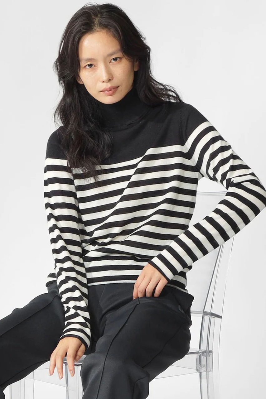 【エコアルフ/ECOALF】のFAYA ボーダーニット / FAYA STRIPES KNIT WOMAN インテリア・キッズ・メンズ・レディースファッション・服の通販 founy(ファニー) 　ファッション　Fashion　レディースファッション　Fashion for Women　トップス・カットソー　Cut & Sew Tops　ニット　Knit Tops & Sweaters　カジュアルプルオーバー・ニットトップス　Pullovers & Knit Tops / Casual Pullovers　なめらか　Smooth, Silky Texture　シンプル　Simple, Minimal　ハイネック　High Neck, Mock Neck　フィット　Fit, Slim Fit　ボーダー　Border, Stripe　レギュラー　Regular, Standard Fit　ブラック|ID: prp329100004153064 ipo3291000000035623588