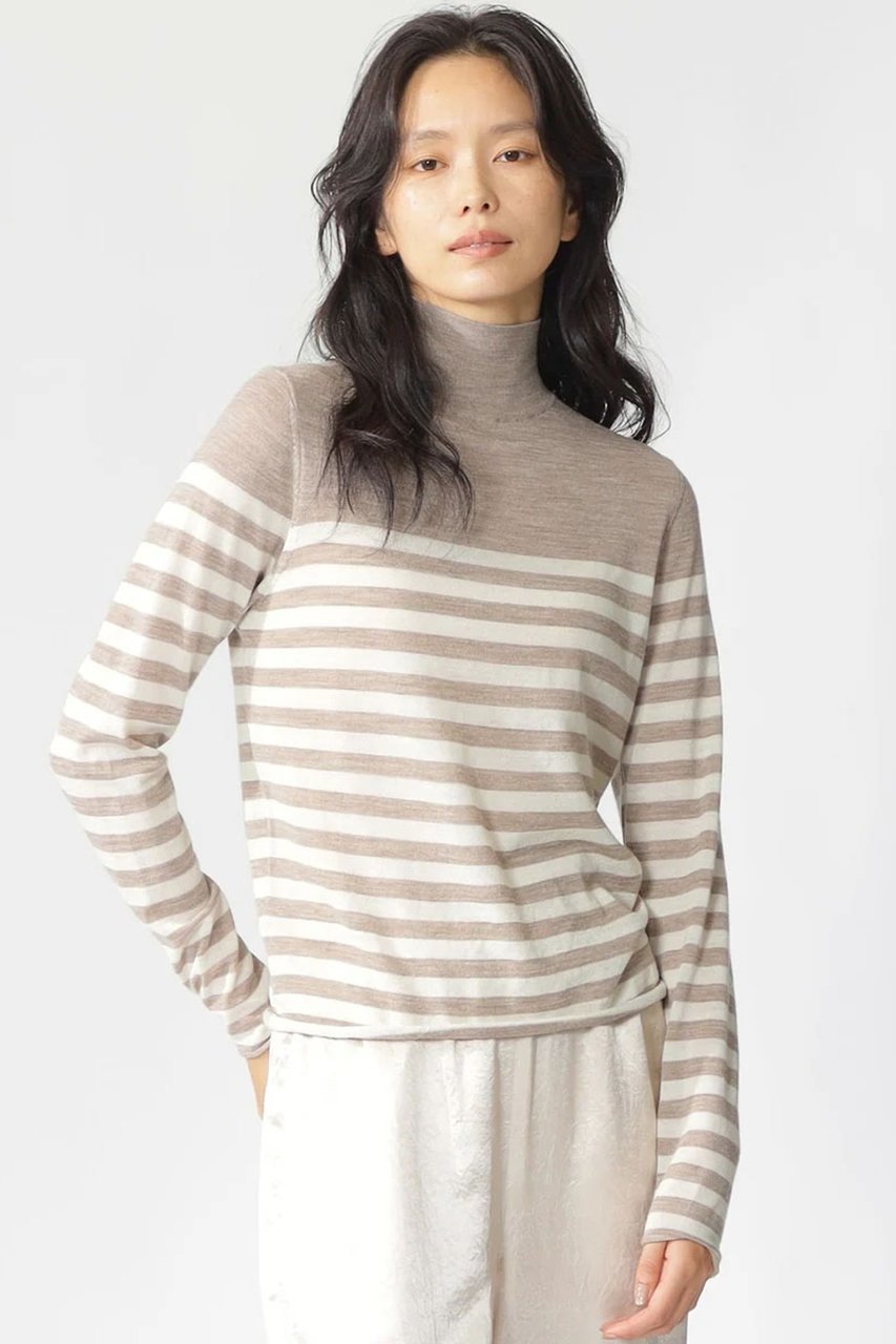 【エコアルフ/ECOALF】のFAYA ボーダーニット / FAYA STRIPES KNIT WOMAN インテリア・キッズ・メンズ・レディースファッション・服の通販 founy(ファニー) 　ファッション　Fashion　レディースファッション　Fashion for Women　トップス・カットソー　Cut & Sew Tops　ニット　Knit Tops & Sweaters　カジュアルプルオーバー・ニットトップス　Pullovers & Knit Tops / Casual Pullovers　なめらか　Smooth, Silky Texture　シンプル　Simple, Minimal　ハイネック　High Neck, Mock Neck　フィット　Fit, Slim Fit　ボーダー　Border, Stripe　レギュラー　Regular, Standard Fit　ベージュ|ID: prp329100004153064 ipo3291000000035623589