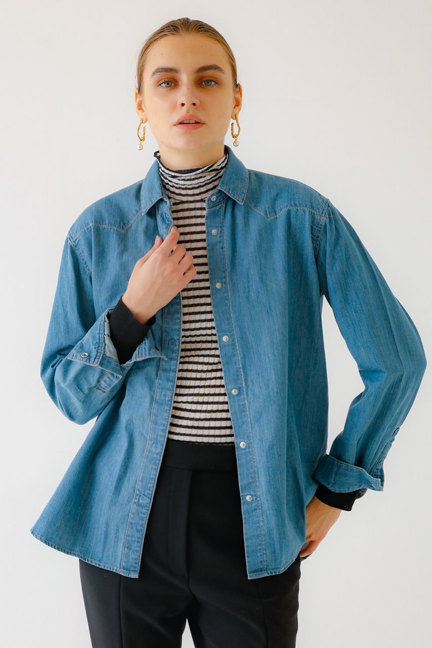 【デザイン ワークス/DESIGN WORKS】のTU ES MON TRESOR 別注デニムシャツ 人気、トレンドファッション・服の通販 founy(ファニー) 　ファッション　Fashion　レディースファッション　Fashion for Women　トップス・カットソー　Cut & Sew Tops　シャツ・ブラウス・オフィスカジュアル　Elegant Blouses & Button-Ups　インディゴ　Indigo Denim　春　Spring　クラシック　Classic, Timeless Style　スリーブ　Sleeve, Long Sleeve / Short Sleeve　ターコイズ　Turquoise, Blue-Green　デニム　Denim, Jeans Material　定番　Standard, Basic Item　フィット　Fit, Slim Fit　ベロア　Velour, Soft Velvet　別注　Limited Edition, Custom Order　モダン　Modern, Contemporary　ヨーク　Yoke, Yoke Design　ロング　Long, Long-Length　S/S・春夏　SS, Spring/Summer, Warm Season　日本製　Made In Japan　夏　Summer　 other-1|ID: prp329100004161087 ipo3291000000035488452