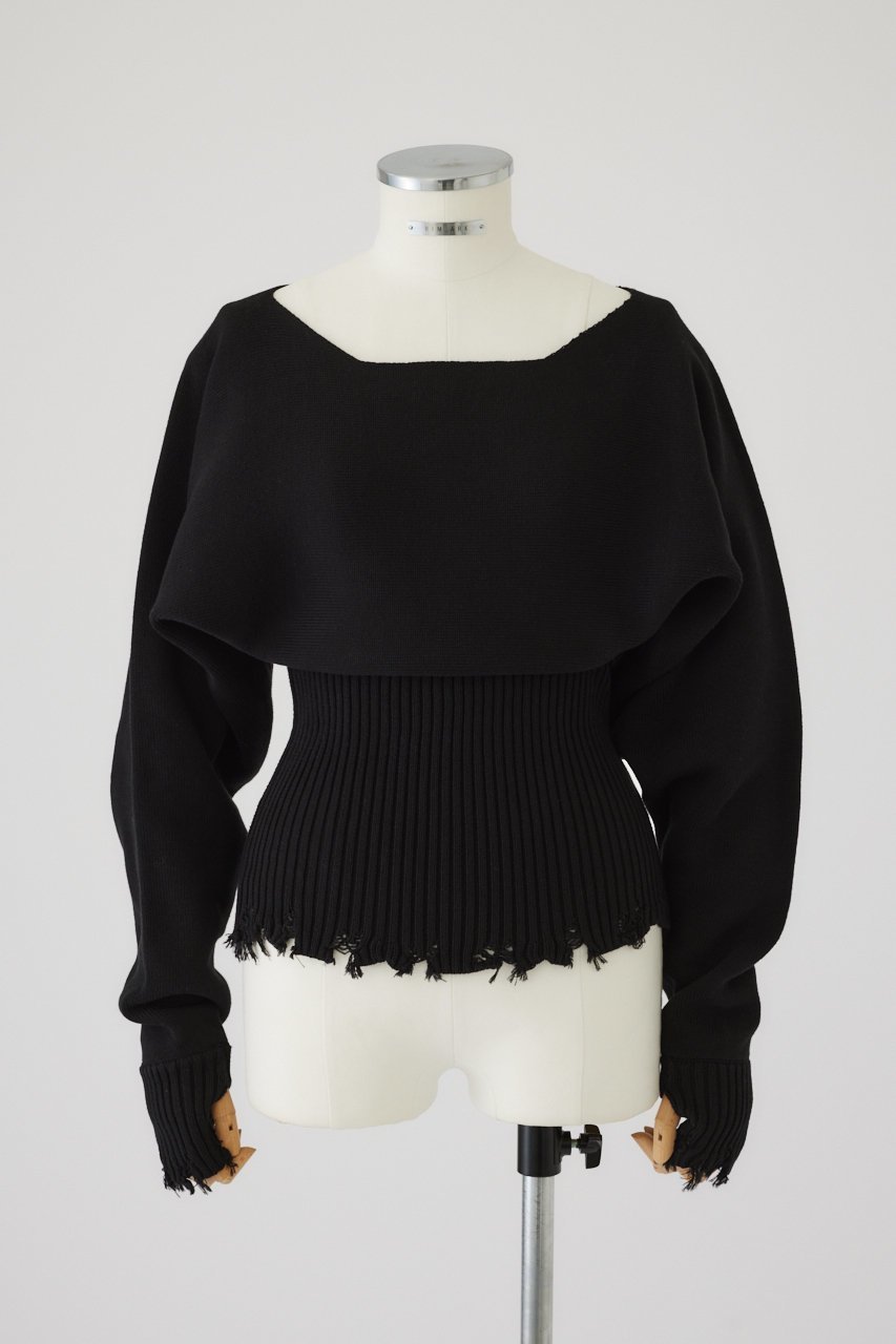 【リムアーク/RIM.ARK】のDamage fit knit tops/ニット インテリア・キッズ・メンズ・レディースファッション・服の通販 founy(ファニー) 　ファッション　Fashion　レディースファッション　Fashion for Women　トップス・カットソー　Cut & Sew Tops　ニット　Knit Tops & Sweaters　カジュアルプルオーバー・ニットトップス　Pullovers & Knit Tops / Casual Pullovers　ダメージ　Distressed, Destroyed　デコルテ　Décolleté, Neckline　バランス　Balance, Style Balance　フィット　Fit, Slim Fit　ブラック|ID: prp329100004179725 ipo3291000000032959335