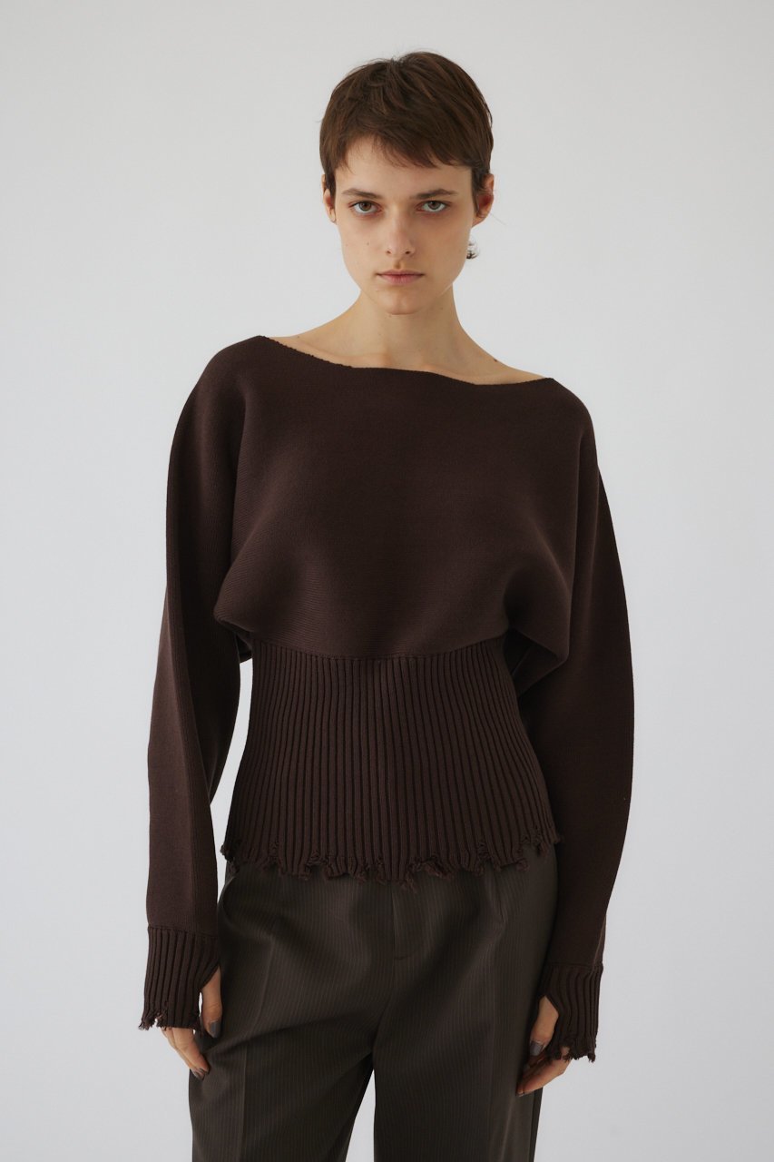 【リムアーク/RIM.ARK】のDamage fit knit tops/ニット インテリア・キッズ・メンズ・レディースファッション・服の通販 founy(ファニー) 　ファッション　Fashion　レディースファッション　Fashion for Women　トップス・カットソー　Cut & Sew Tops　ニット　Knit Tops & Sweaters　カジュアルプルオーバー・ニットトップス　Pullovers & Knit Tops / Casual Pullovers　ダメージ　Distressed, Destroyed　デコルテ　Décolleté, Neckline　バランス　Balance, Style Balance　フィット　Fit, Slim Fit　ダークブラウン|ID: prp329100004179725 ipo3291000000032959337