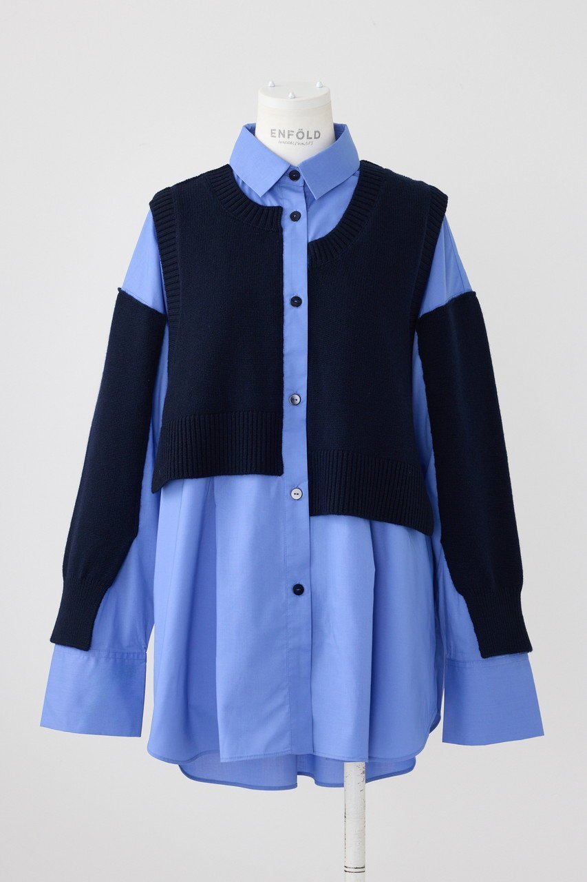 【エンフォルド/ENFOLD】のKnit Combi SH/シャツ インテリア・キッズ・メンズ・レディースファッション・服の通販 founy(ファニー) ファッション Fashion レディースファッション Fashion for Women トップス・カットソー Cut & Sew Tops ニット Knit Tops & Sweaters シャツ・ブラウス・オフィスカジュアル Elegant Blouses & Button-Ups コンビ Combo, Combination Style スリーブ Sleeve, Long Sleeve / Short Sleeve ロング Long, Long-Length ダークネイビー|ID: prp329100004179734 ipo3291000000032888963