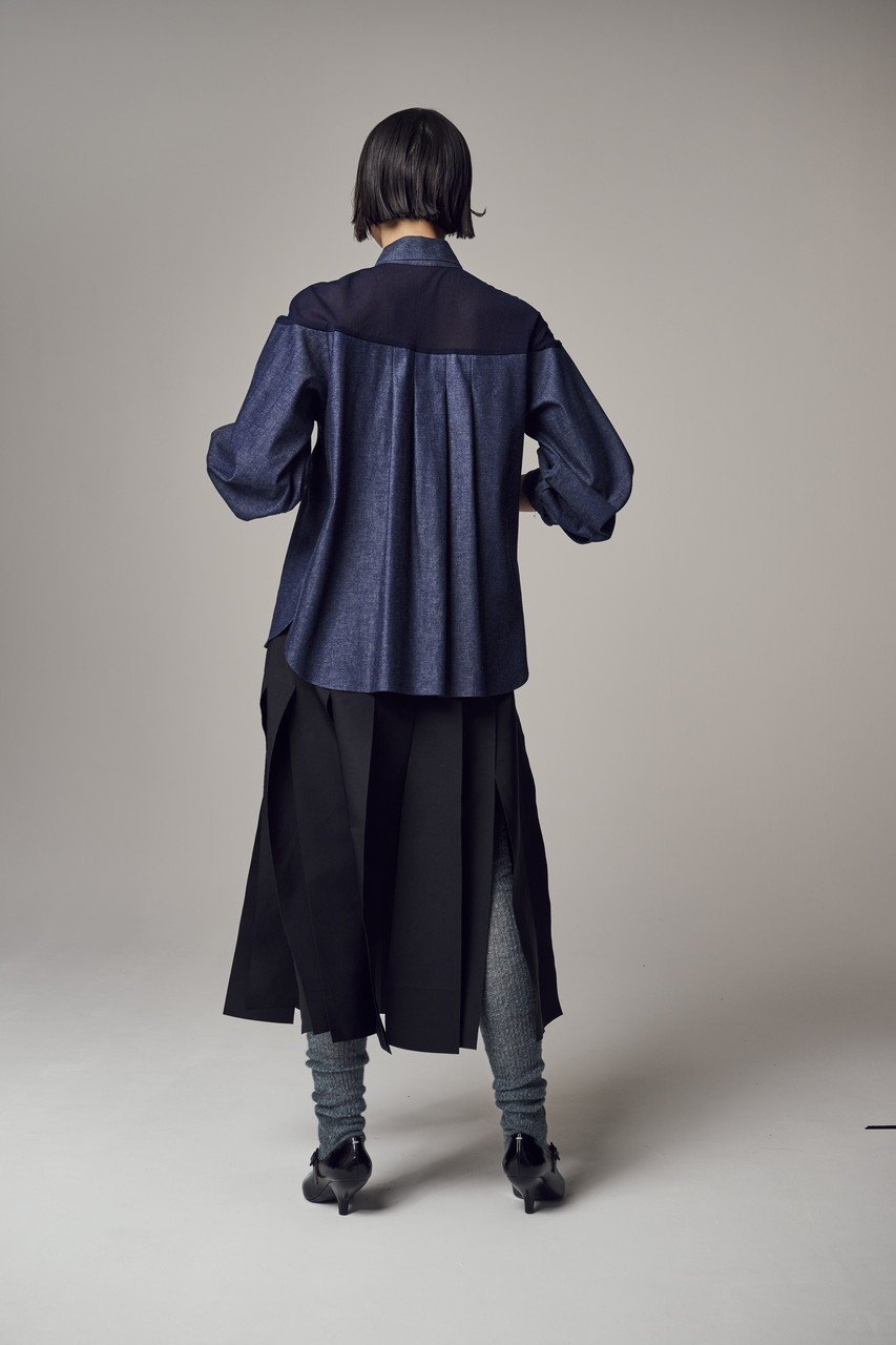 【ティーチ/TEECHI】の「ハンサムデニムシャツ」 人気、トレンドファッション・服の通販 founy(ファニー) 　ファッション　Fashion　レディースファッション　Fashion for Women　トップス・カットソー　Cut & Sew Tops　シャツ・ブラウス・オフィスカジュアル　Elegant Blouses & Button-Ups　アシンメトリー　Asymmetrical Style　インディゴ　Indigo Denim　カフス　Cuff Design　シアー　Sheer, See-Through　スリーブ　Sleeve, Long Sleeve / Short Sleeve　デコルテ　Décolleté, Neckline　デニム　Denim, Jeans Material　リボン　Ribbon, Bow　ロング　Long, Long-Length　other-7|ID: prp329100004200943 ipo3291000000035719727