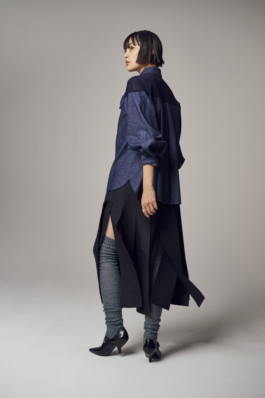 【ティーチ/TEECHI】の「ハンサムデニムシャツ」 人気、トレンドファッション・服の通販 founy(ファニー) 　ファッション　Fashion　レディースファッション　Fashion for Women　トップス・カットソー　Cut & Sew Tops　シャツ・ブラウス・オフィスカジュアル　Elegant Blouses & Button-Ups　アシンメトリー　Asymmetrical Style　インディゴ　Indigo Denim　カフス　Cuff Design　シアー　Sheer, See-Through　スリーブ　Sleeve, Long Sleeve / Short Sleeve　デコルテ　Décolleté, Neckline　デニム　Denim, Jeans Material　リボン　Ribbon, Bow　ロング　Long, Long-Length　other-8|ID: prp329100004200943 ipo3291000000035719728