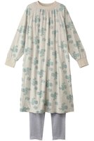 【キッドブルー/KID BLUE】のコットンベロアJQナイティ(スパッツつき) 人気、トレンドファッション・服の通販 founy(ファニー) ファッション Fashion レディースファッション Fashion for Women トップス・カットソー Cut & Sew Tops ベロアトップス Velour Tops / Velvet-Look Items ジャカード／ジャガード Jacquard, Woven Pattern スリーブ Sleeve, Long Sleeve / Short Sleeve パジャマ Pajamas, Sleepwear フラワー Flower, Floral ベロア Velour, Soft Velvet ロング Long, Long-Length エレガント 上品 Elegant |ID:prp329100004214899