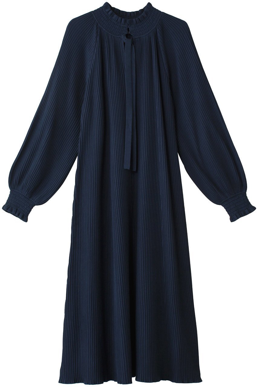 【マリリンムーン/MARILYN MOON】のレーヨンナイロンリップル2wayニットワンピース インテリア・キッズ・メンズ・レディースファッション・服の通販 founy(ファニー) 　ファッション　Fashion　レディースファッション　Fashion for Women　ワンピース　Dresses　ニットワンピース　Knit Dresses　チュニック　Tunic Tops & Dresses　おすすめ　Recommended / Our Picks　シャーリング　Shirring, Ruched　スリット　Slit, Slit Detail　チュニック　Tunic, Long Top　ハイネック　High Neck, Mock Neck　フリル　Frill, Ruffle　フレア　Flare, Flared　モダン　Modern, Contemporary　リボン　Ribbon, Bow　ロング　Long, Long-Length　エレガント 上品　Elegant　ネイビー|ID: prp329100004216041 ipo3291000000032891127