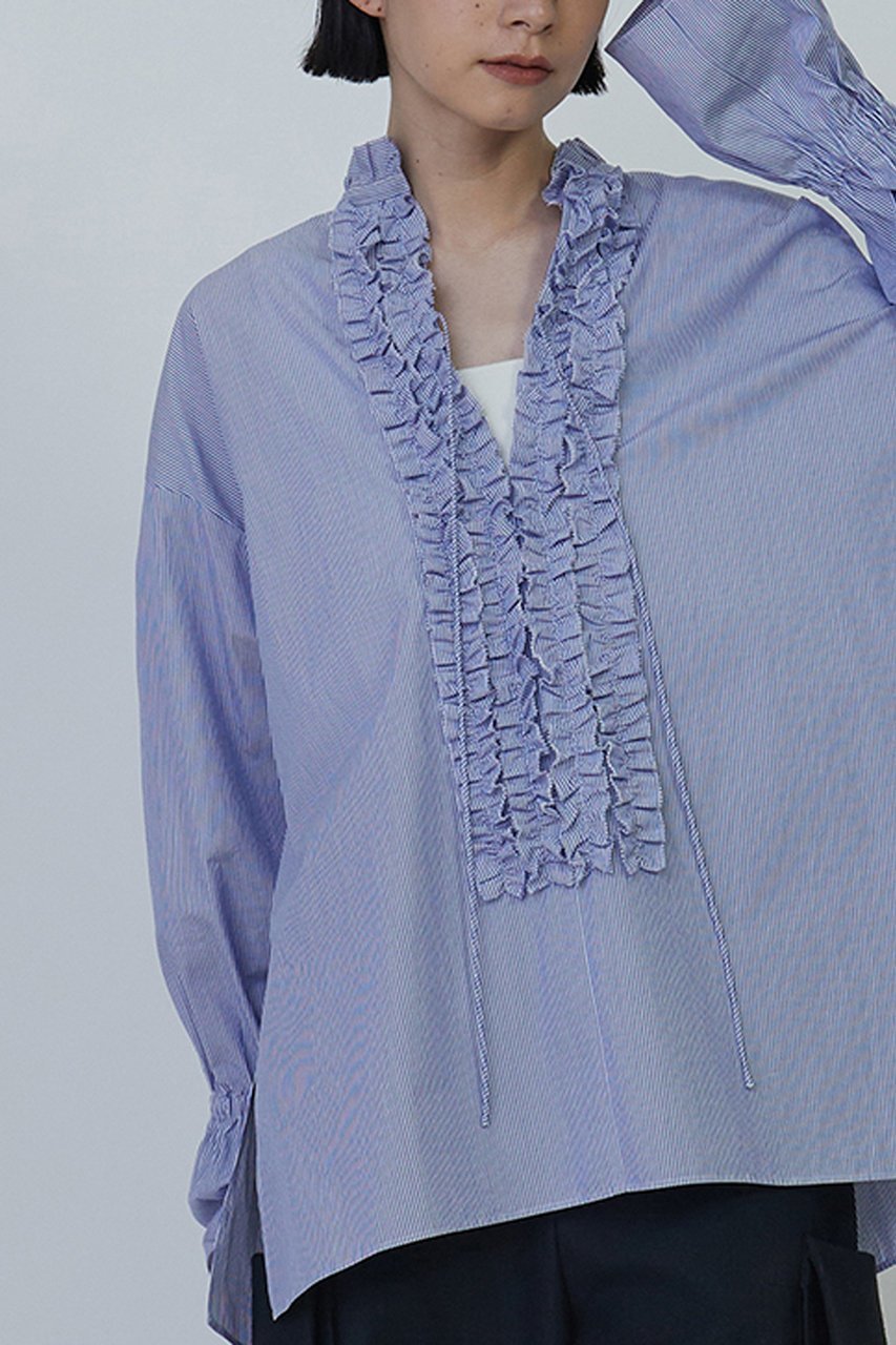 【プルミエ アロンディスモン/1er Arrondissement】のストライプフリルシャツ 人気、トレンドファッション・服の通販 founy(ファニー) 　ファッション　Fashion　レディースファッション　WOMEN　トップス・カットソー　Tops/Tshirt　シャツ/ブラウス　Shirts/Blouses　ギャザー　Gather　ストライプ　Stripe　スリーブ　Sleeve　ダウン　Down　デニム　Denim　フリル　Frills　フレア　Flare　フロント　Front　ロング　Long　エレガント 上品　Elegant　other-6|ID: prp329100004233275 ipo3291000000031381833