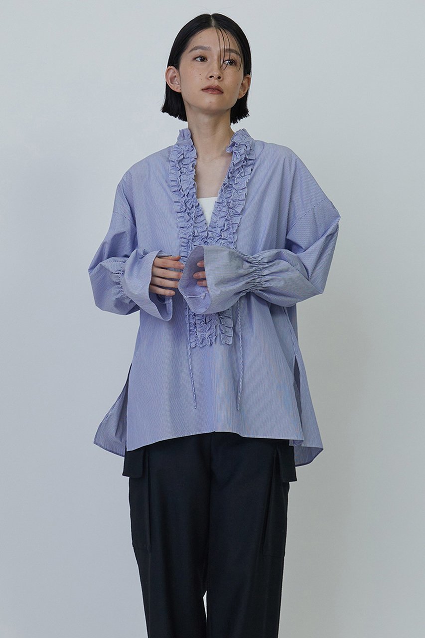 【プルミエ アロンディスモン/1er Arrondissement】のストライプフリルシャツ 人気、トレンドファッション・服の通販 founy(ファニー) 　ファッション　Fashion　レディースファッション　WOMEN　トップス・カットソー　Tops/Tshirt　シャツ/ブラウス　Shirts/Blouses　ギャザー　Gather　ストライプ　Stripe　スリーブ　Sleeve　ダウン　Down　デニム　Denim　フリル　Frills　フレア　Flare　フロント　Front　ロング　Long　エレガント 上品　Elegant　other-7|ID: prp329100004233275 ipo3291000000031381835