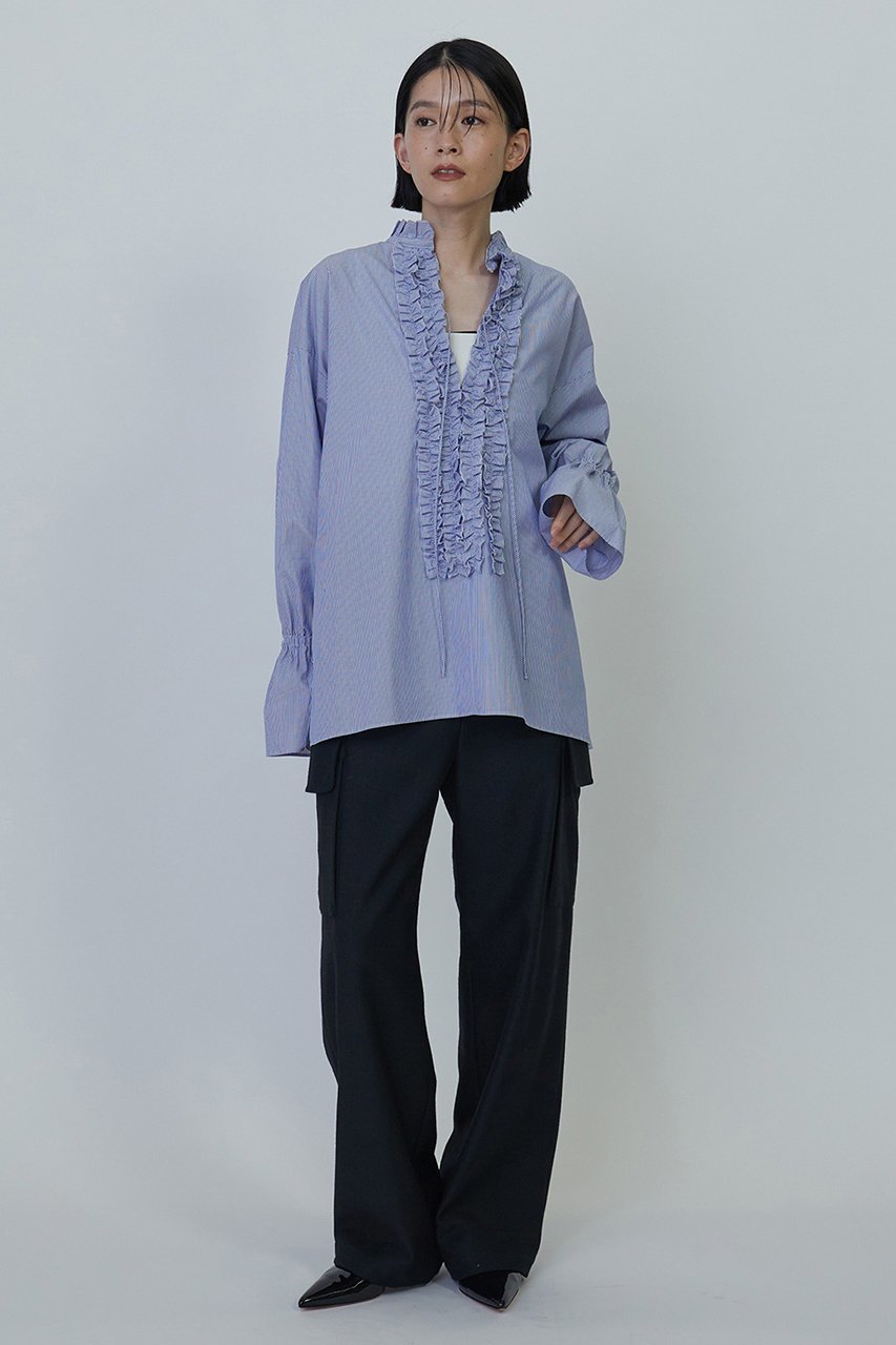 【プルミエ アロンディスモン/1er Arrondissement】のストライプフリルシャツ 人気、トレンドファッション・服の通販 founy(ファニー) 　ファッション　Fashion　レディースファッション　WOMEN　トップス・カットソー　Tops/Tshirt　シャツ/ブラウス　Shirts/Blouses　ギャザー　Gather　ストライプ　Stripe　スリーブ　Sleeve　ダウン　Down　デニム　Denim　フリル　Frills　フレア　Flare　フロント　Front　ロング　Long　エレガント 上品　Elegant　other-8|ID: prp329100004233275 ipo3291000000031381838
