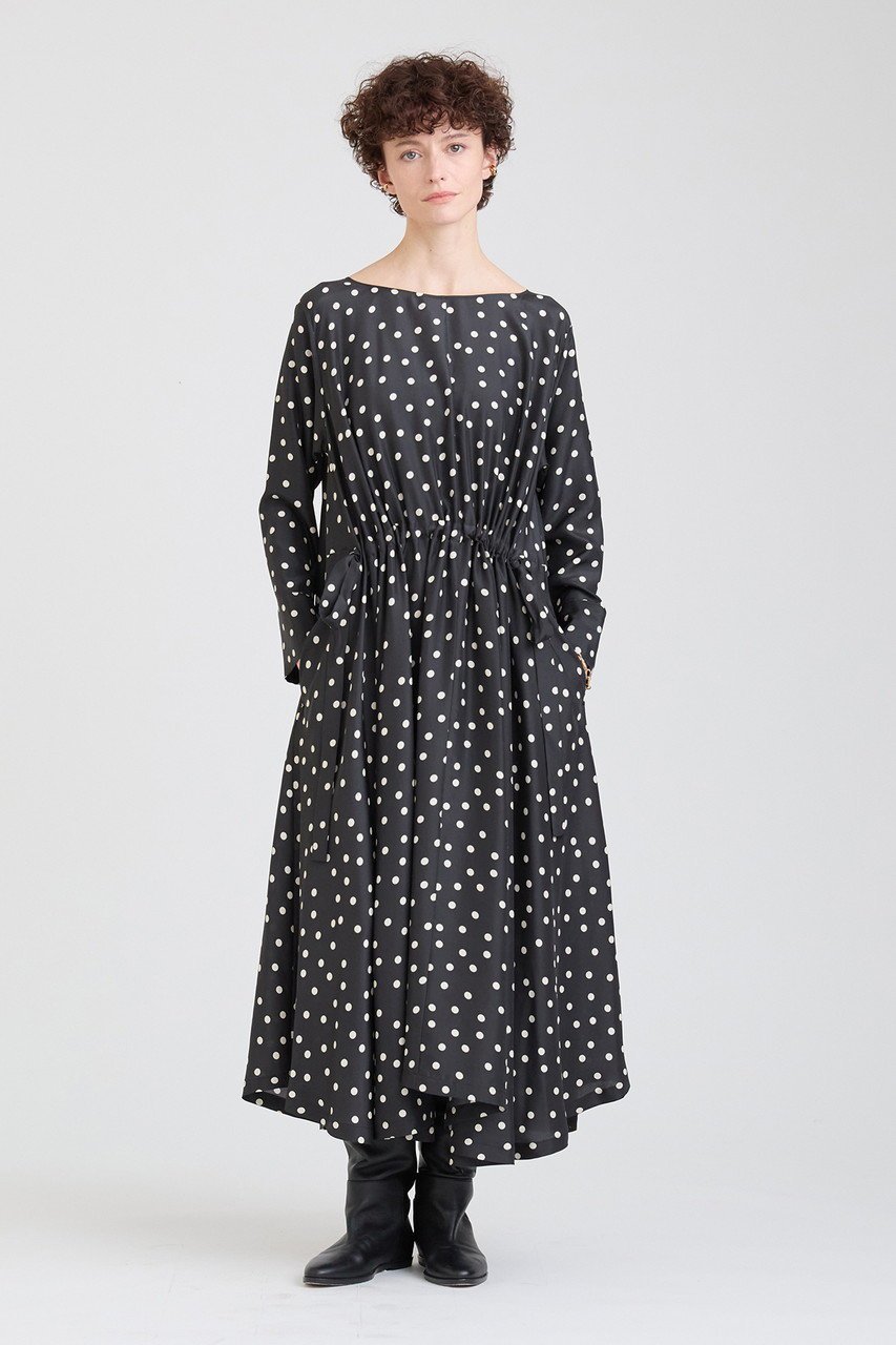 【ハウス オブ ロータス/HOUSE OF LOTUS】のシルクドットプリントワンピース 人気、トレンドファッション・服の通販 founy(ファニー) 　ファッション　Fashion　レディースファッション　Fashion for Women　ワンピース　Dresses　チュニック　Tunic Tops & Dresses　おすすめ　Recommended / Our Picks　なめらか　Smooth, Silky Texture　シルク　Silk, 100% Silk　チュニック　Tunic, Long Top　ドレープ　Drape, Draping Fabric　フロント　Front, Front Design　プリント　Print, Printed Pattern　リボン　Ribbon, Bow　ロング　Long, Long-Length　エレガント 上品　Elegant　other-6|ID: prp329100004239578 ipo3291000000032889531