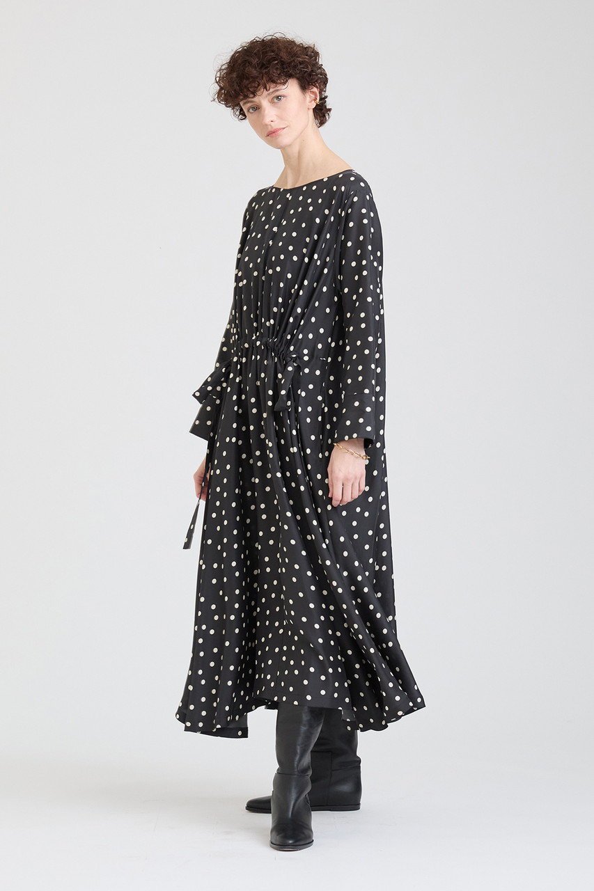 【ハウス オブ ロータス/HOUSE OF LOTUS】のシルクドットプリントワンピース 人気、トレンドファッション・服の通販 founy(ファニー) 　ファッション　Fashion　レディースファッション　Fashion for Women　ワンピース　Dresses　チュニック　Tunic Tops & Dresses　おすすめ　Recommended / Our Picks　なめらか　Smooth, Silky Texture　シルク　Silk, 100% Silk　チュニック　Tunic, Long Top　ドレープ　Drape, Draping Fabric　フロント　Front, Front Design　プリント　Print, Printed Pattern　リボン　Ribbon, Bow　ロング　Long, Long-Length　エレガント 上品　Elegant　other-7|ID: prp329100004239578 ipo3291000000032889534