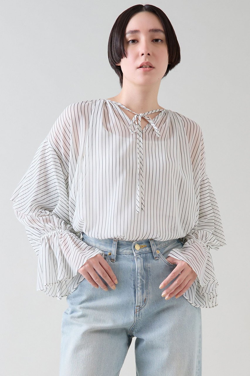 【マルティニーク/martinique】のシフォンギャザーブラウス インテリア・キッズ・メンズ・レディースファッション・服の通販 founy(ファニー) 　ファッション　Fashion　レディースファッション　Fashion for Women　トップス・カットソー　Cut & Sew Tops　シャツ・ブラウス・オフィスカジュアル　Elegant Blouses & Button-Ups　おすすめ　Recommended / Our Picks　ギャザー　Gathered, Ruffled　シフォン　Chiffon, Lightweight Fabric　スリーブ　Sleeve, Long Sleeve / Short Sleeve　デニム　Denim, Jeans Material　フェミニン　Feminine, Girly　フリル　Frill, Ruffle　ボトム　Bottoms, Lower Wear　ロング　Long, Long-Length　再入荷　Restock / Back in Stock　ストライプ|ID: prp329100004240719 ipo3291000000032705133