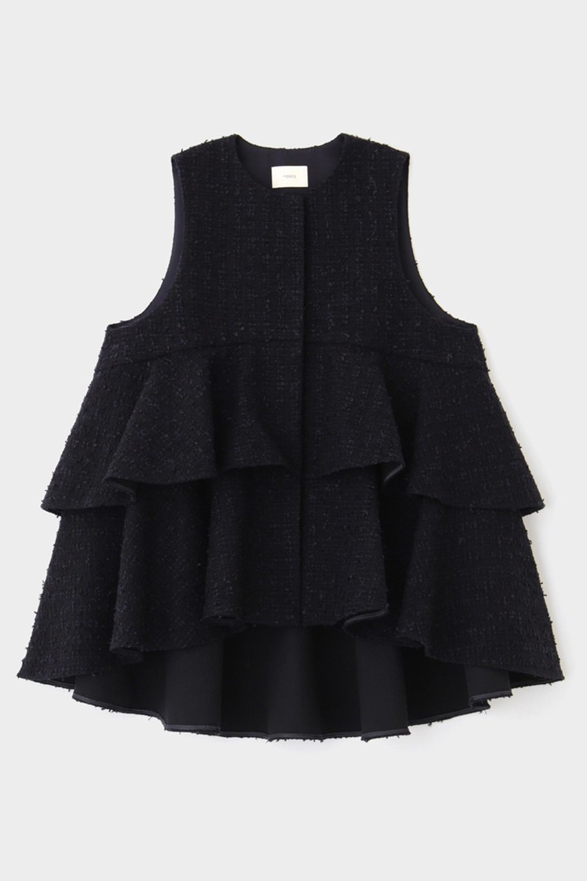 【ル フィル/LE PHIL】のフリンジツィードフリルジレ インテリア・キッズ・メンズ・レディースファッション・服の通販 founy(ファウニー) 　ファッション　Fashion　レディースファッション　Fashion for Women　アウター　Coat / Outerwear Collection　レディースジャケット・軽アウター　Jackets　コンパクト　Compact, Small Size　ジャケット　Jacket, Outerwear　ツイード　Twill, Twill Weave　ハイネック　High Neck, Mock Neck　フリル　Frill, Ruffle　ベスト　Vest, Waistcoat　ミックス　Mix, Mixed Style　エレガント 上品　Elegant　ネイビー|ID: prp329100004240727 ipo3291000000036957023