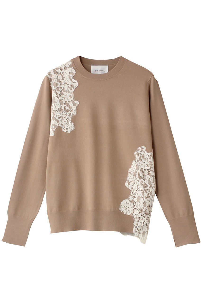 【ベイジ,/BEIGE,】のWILLOW(ウィロウ)/アシンメトリーレースクルーネックニット インテリア・キッズ・メンズ・レディースファッション・服の通販 founy(ファニー) 　ファッション　Fashion　レディースファッション　Fashion for Women　トップス・カットソー　Cut & Sew Tops　ニット　Knit Tops & Sweaters　カジュアルプルオーバー・ニットトップス　Pullovers & Knit Tops / Casual Pullovers　アシンメトリー　Asymmetrical Style　ベーシック　Basic, Essential　レース　Lace, Lace Fabric　エレガント 上品　Elegant　Milk tea×Ecru|ID: prp329100004244222 ipo3291000000032965134