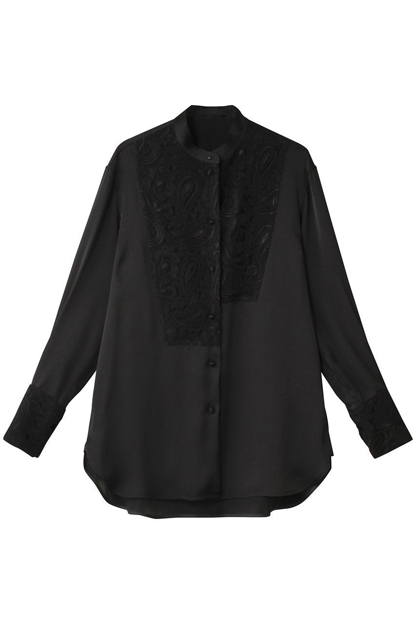 【チノ/CINOH】のBLACK FORMAL レースアシンメトリックブザムシャツ インテリア・キッズ・メンズ・レディースファッション・服の通販 founy(ファニー) 　ファッション　Fashion　レディースファッション　Fashion for Women　トップス・カットソー　Cut & Sew Tops　シャツ・ブラウス・オフィスカジュアル　Elegant Blouses & Button-Ups　カフス　Cuff Design　サテン　Satin, Glossy Fabric　スリーブ　Sleeve, Long Sleeve / Short Sleeve　チュール　Tulip, Tulip Motif　マニッシュ　Mannish, Boyish　レース　Lace, Lace Fabric　ロング　Long, Long-Length　定番　Standard, Basic Item　ブラック|ID: prp329100004252107 ipo3291000000032887348