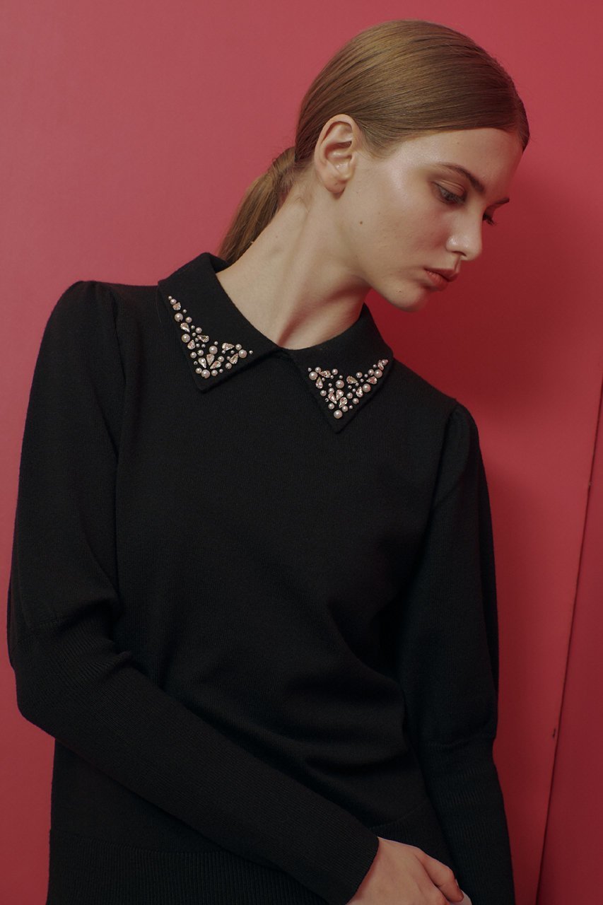 【アルアバイル/allureville】の【LOULOU WILLOUGHBY】衿ビジューパフスリーブプルオーバー 人気、トレンドファッション・服の通販 founy(ファニー) 　ファッション　Fashion　レディースファッション　Fashion for Women　トップス・カットソー　Cut & Sew Tops　ニット　Knit Tops & Sweaters　カジュアルプルオーバー・ニットトップス　Pullovers & Knit Tops / Casual Pullovers　シンプル　Simple, Minimal　スリーブ　Sleeve, Long Sleeve / Short Sleeve　ビジュー　Bijou, Jewel-like Accent　ホリデーシーズン　Holiday Season　other-8|ID: prp329100004260076 ipo3291000000032932274