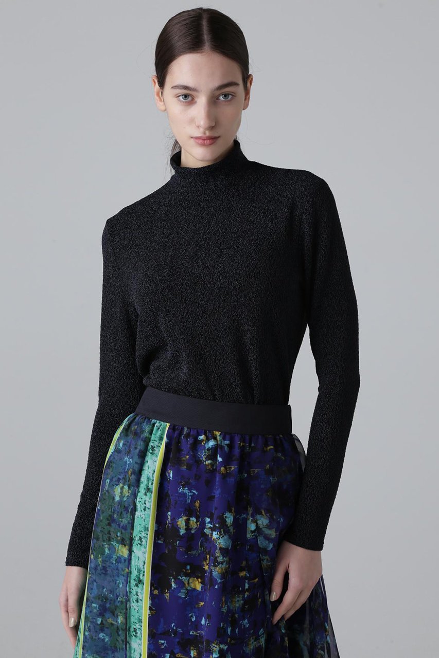 【アドーア/ADORE】のシャイニーニットジャガードハイネックカットソー インテリア・キッズ・メンズ・レディースファッション・服の通販 founy(ファニー) 　ファッション　Fashion　レディースファッション　Fashion for Women　トップス・カットソー　Cut & Sew Tops　ニット　Knit Tops & Sweaters　シャツ・ブラウス・オフィスカジュアル　Elegant Blouses & Button-Ups　ロングTシャツ・Tシャツ　Longline T-Shirts & Tees　カットソー・ベーシックTシャツ　Cut-and-Sewn Tops / Stretch Tees & Basics　インナー　Innerwear　ジャケット　Jacket, Outerwear　スリーブ　Sleeve, Long Sleeve / Short Sleeve　メタリック　Metallic, Shiny Finish　ロング　Long, Long-Length　ネイビー|ID: prp329100004263770 ipo3291000000034397697