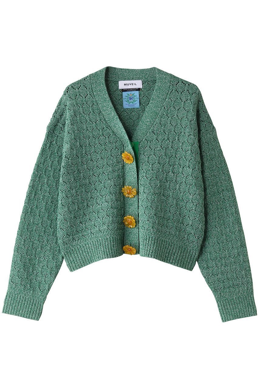【ミュベール/MUVEIL】のフラワー釦カーディガン インテリア・キッズ・メンズ・レディースファッション・服の通販 founy(ファニー) 　ファッション　Fashion　レディースファッション　Fashion for Women　トップス・カットソー　Cut & Sew Tops　ニット　Knit Tops & Sweaters　カーディガン・羽織り　Layered Style Cardigans　アイレット　Eyelet Lace　カーディガン　Cardigan, Knitwear　ショート　Short, Short Length　ストレッチ　Stretch, Stretchy Fabric　フラワー　Flower, Floral　メランジ　Melange, Mixed Yarn　ロング　Long, Long-Length　グリーン|ID: prp329100004266778 ipo3291000000032963602