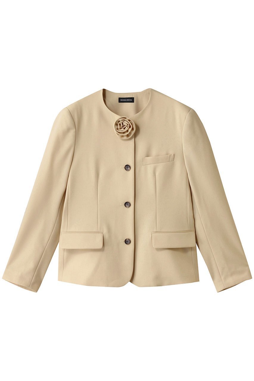 【メゾンスペシャル/MAISON SPECIAL】のMotif Collarless Jacket/モチーフノーカラージャケット インテリア・キッズ・メンズ・レディースファッション・服の通販 founy(ファニー) 　ファッション　Fashion　レディースファッション　Fashion for Women　アウター　Coat / Outerwear Collection　レディースジャケット・軽アウター　Jackets　ノーカラージャケット / シンプル上品コーデ　Collarless Jackets　ジャケット　Jacket, Outerwear　セットアップ　Set-Up, Coordinated Outfit　デニム　Denim, Jeans Material　ブローチ　Brooch, Pin Brooch　ボックス　Boxy, Box Shape　エレガント 上品　Elegant　ビジネス 仕事 通勤　Business / Work / Commuting　BGE(ベージュ)|ID: prp329100004271047 ipo3291000000032920823