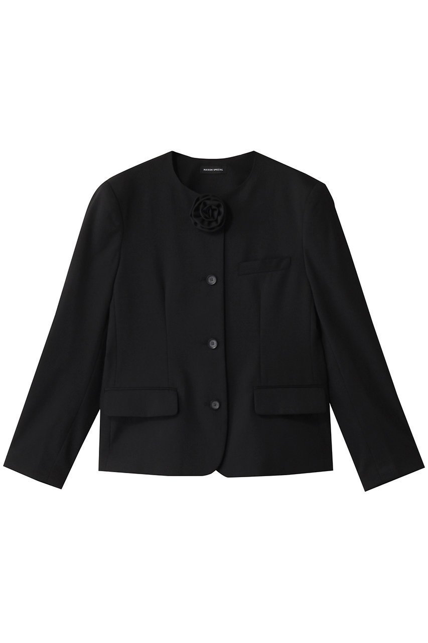 【メゾンスペシャル/MAISON SPECIAL】のMotif Collarless Jacket/モチーフノーカラージャケット インテリア・キッズ・メンズ・レディースファッション・服の通販 founy(ファニー) 　ファッション　Fashion　レディースファッション　Fashion for Women　アウター　Coat / Outerwear Collection　レディースジャケット・軽アウター　Jackets　ノーカラージャケット / シンプル上品コーデ　Collarless Jackets　ジャケット　Jacket, Outerwear　セットアップ　Set-Up, Coordinated Outfit　デニム　Denim, Jeans Material　ブローチ　Brooch, Pin Brooch　ボックス　Boxy, Box Shape　エレガント 上品　Elegant　ビジネス 仕事 通勤　Business / Work / Commuting　BLK(ブラック)|ID: prp329100004271047 ipo3291000000032920833