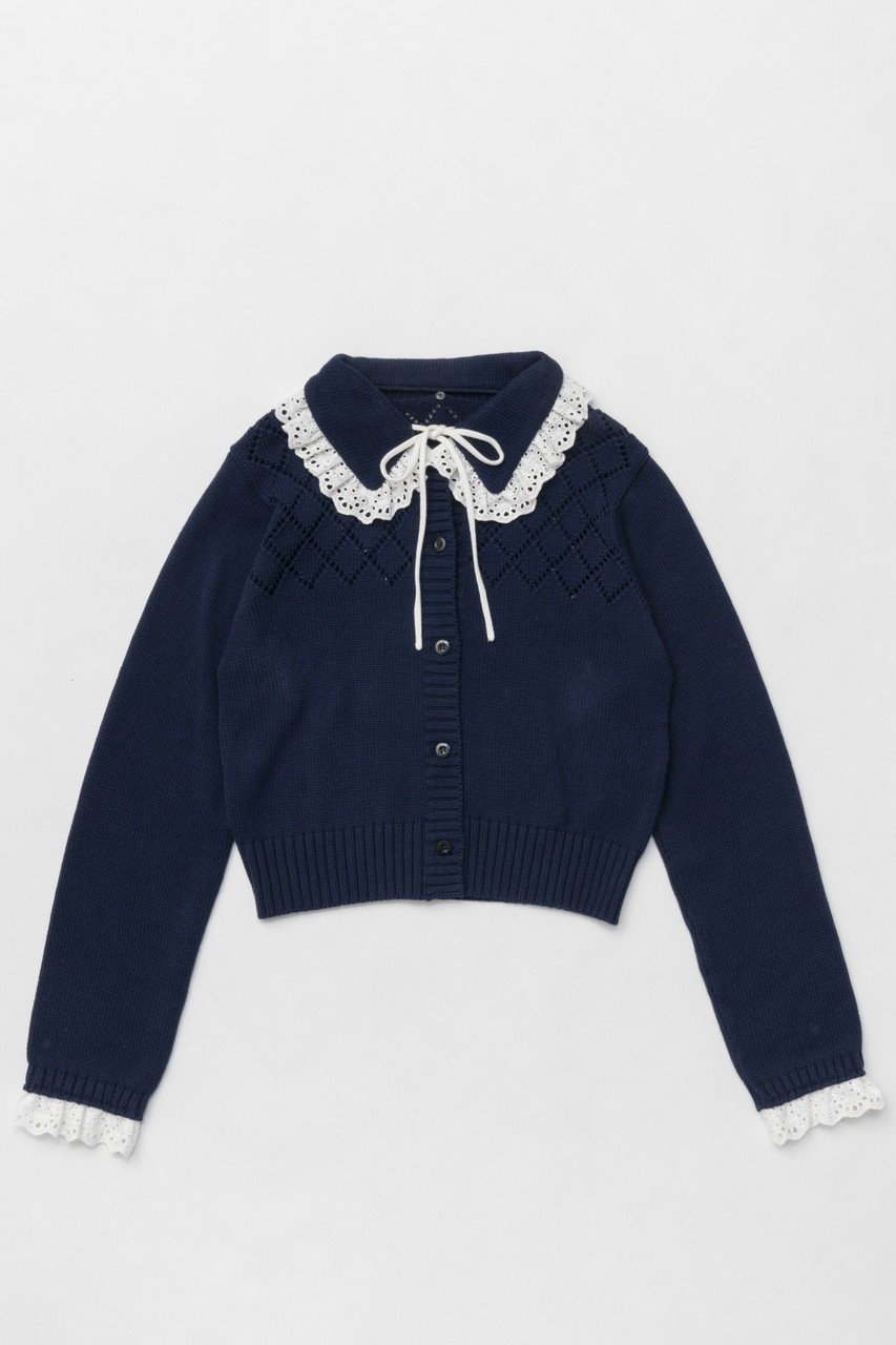 【メゾンスペシャル/MAISON SPECIAL】のCotton Fabric Lace Colored Cardigan/コットンレースカラーカーディガン インテリア・キッズ・メンズ・レディースファッション・服の通販 founy(ファニー) 　ファッション　Fashion　レディースファッション　WOMEN　トップス・カットソー　Tops/Tshirt　ニット　Knit Tops　カーディガン　Cardigans　春　Spring　カーディガン　Cardigan　ショート　Short　ドッキング　Docking　リボン　Ribbon　レース　Race　A/W・秋冬　Aw・Autumn/Winter・Fw・Fall-Winter　S/S・春夏　Ss・Spring/Summer　夏　Summer　2025年　2025　NVY(ネイビー)|ID: prp329100004271054 ipo3291000000029678703