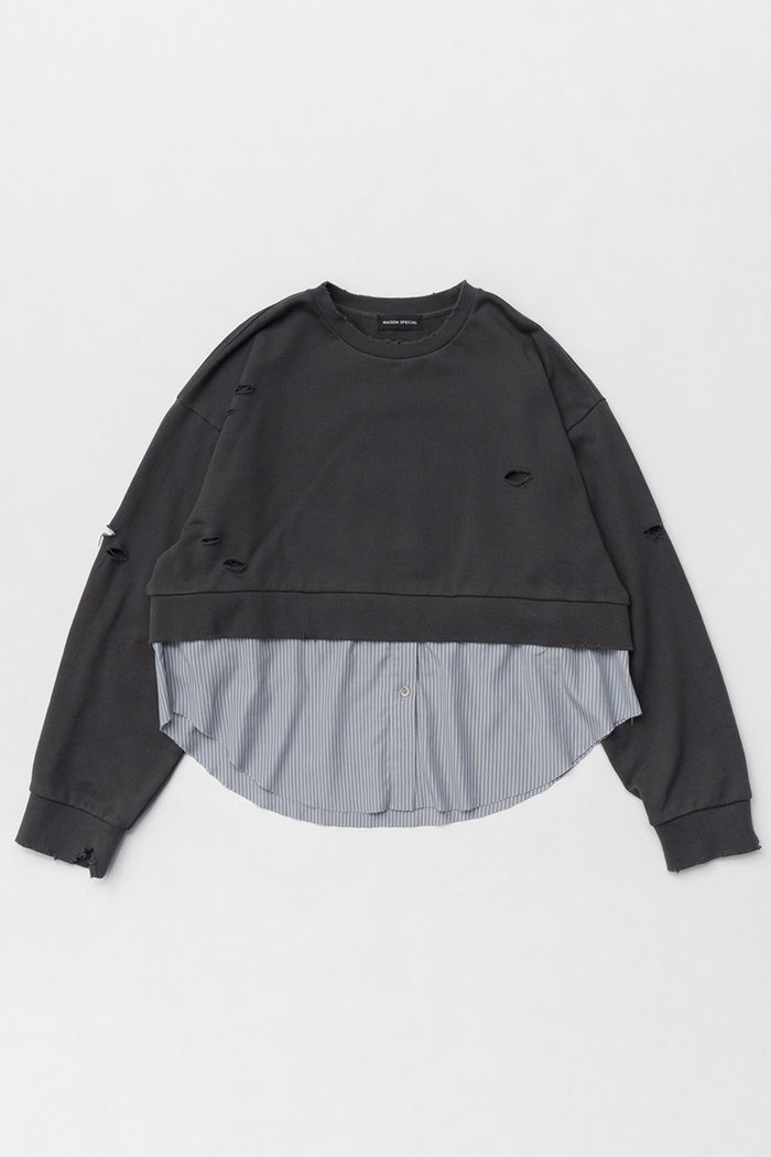 【メゾンスペシャル/MAISON SPECIAL】のShirt Layered Crush Processing Sweatshirt/シャツレイヤードクラッシュスウェット インテリア・キッズ・メンズ・レディースファッション・服の通販 founy(ファニー) https://founy.com/ ファッション Fashion レディースファッション Fashion for Women トップス・カットソー Cut & Sew Tops シャツ・ブラウス・オフィスカジュアル Elegant Blouses & Button-Ups レディースパーカー・カジュアルフーディー Casual Hoodies & Sweatshirts ロングTシャツ・Tシャツ Longline T-Shirts & Tees スウェット・クルーネックトップス Sweatshirts & Crewnecks / Relaxed Fit Sweat Tops カットソー・ベーシックTシャツ Cut-and-Sewn Tops / Stretch Tees & Basics インナー Innerwear ジャケット Jacket, Outerwear スウェット / スエット Sweatshirt, Sweatwear ストライプ Stripe, Striped Pattern ストレッチ Stretch, Stretchy Fabric ダメージ Distressed, Destroyed おすすめ Recommended / Our Picks |ID: prp329100004290101 ipo3291000000035061272